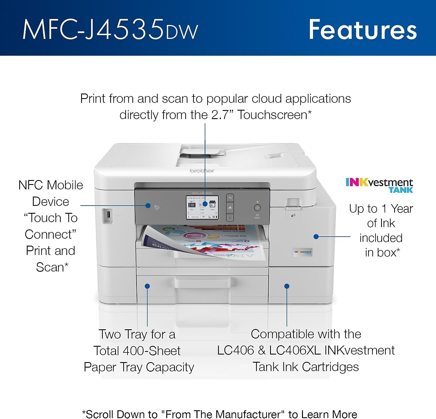 image:imageBrother INKvestment 4555 Wireless Color Inkjet AllinOne Printer with 27 Color Touchscreen and 2 Paper Trays Includes Refresh Subscription Trial1 MFCJ4555DWMFCJ4535DW