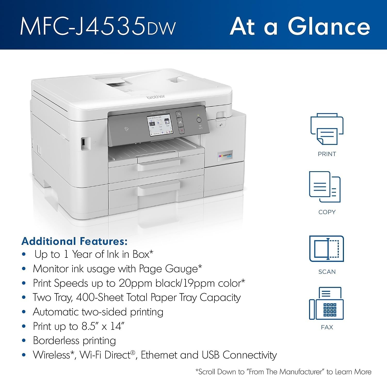 image:imageBrother INKvestment 4555 Wireless Color Inkjet AllinOne Printer with 27 Color Touchscreen and 2 Paper Trays Includes Refresh Subscription Trial1 MFCJ4555DWMFCJ4535DW