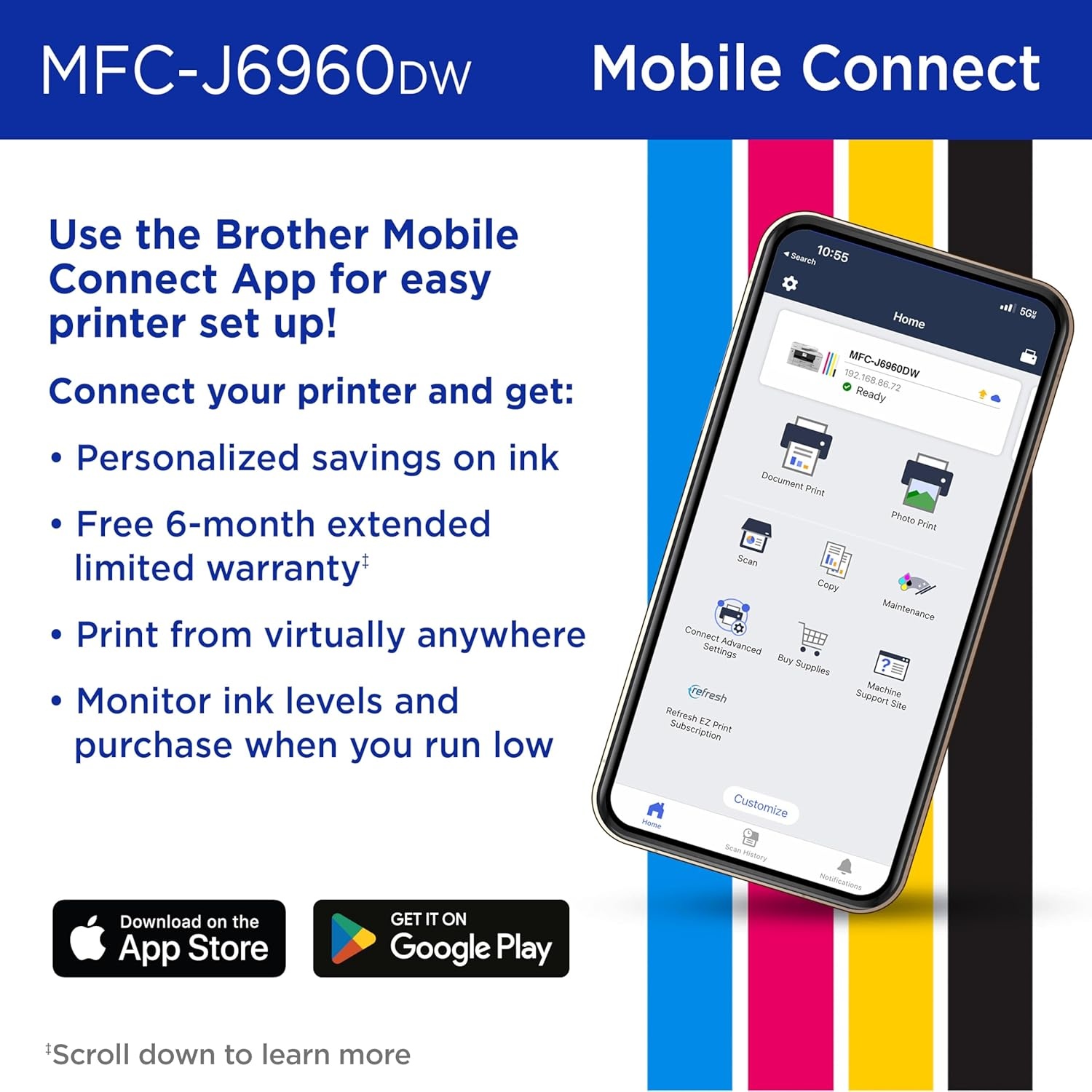image:imageBrother INKvestment 6960 Wireless Color Inkjet AllinOne Printer with 11x17 Capabilities and 35 Color Touchscreen Includes Refresh Subscription Trial1 MFCJ6960DWCurrent Model