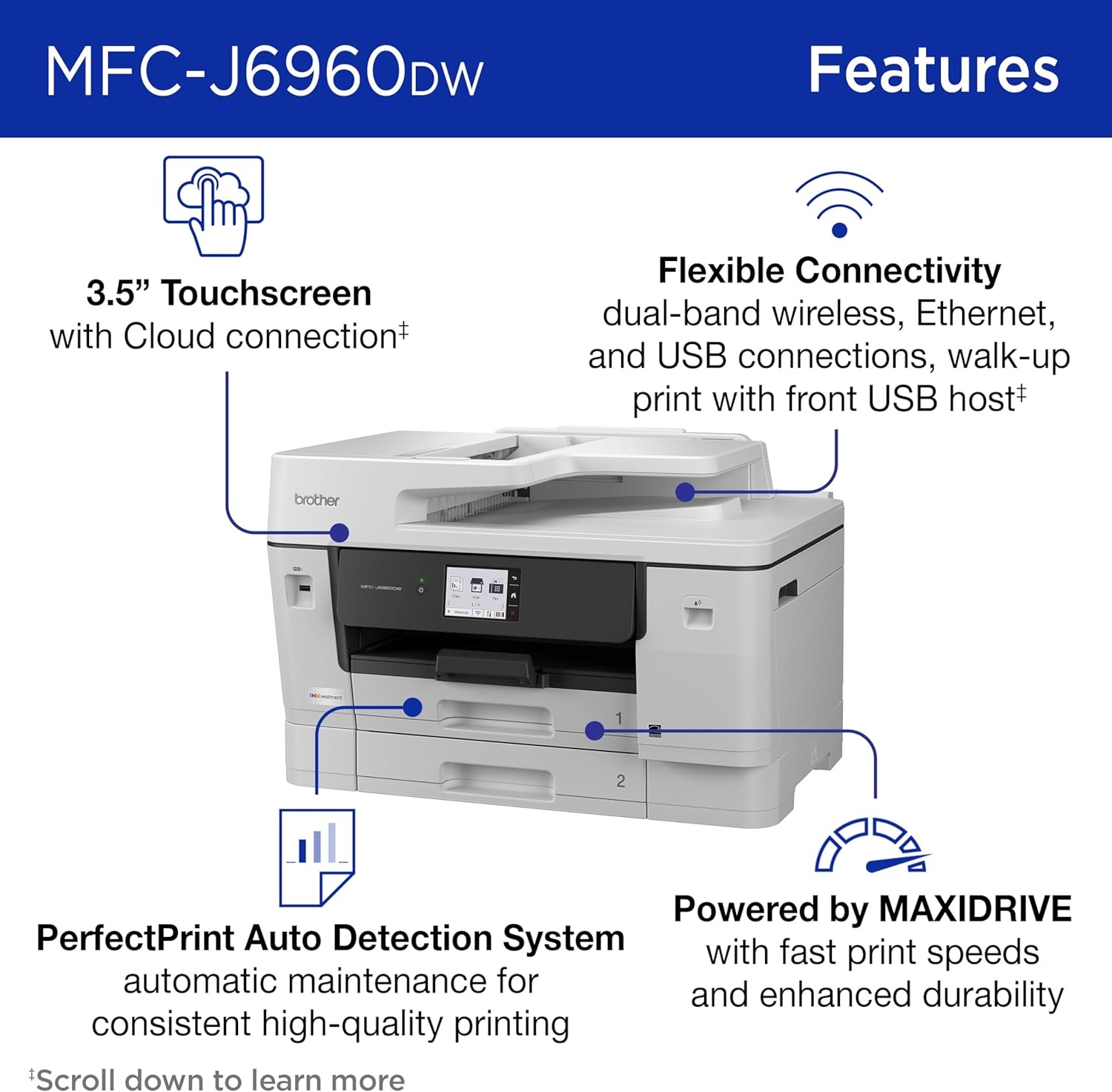 image:imageBrother INKvestment 6960 Wireless Color Inkjet AllinOne Printer with 11x17 Capabilities and 35 Color Touchscreen Includes Refresh Subscription Trial1 MFCJ6960DWCurrent Model
