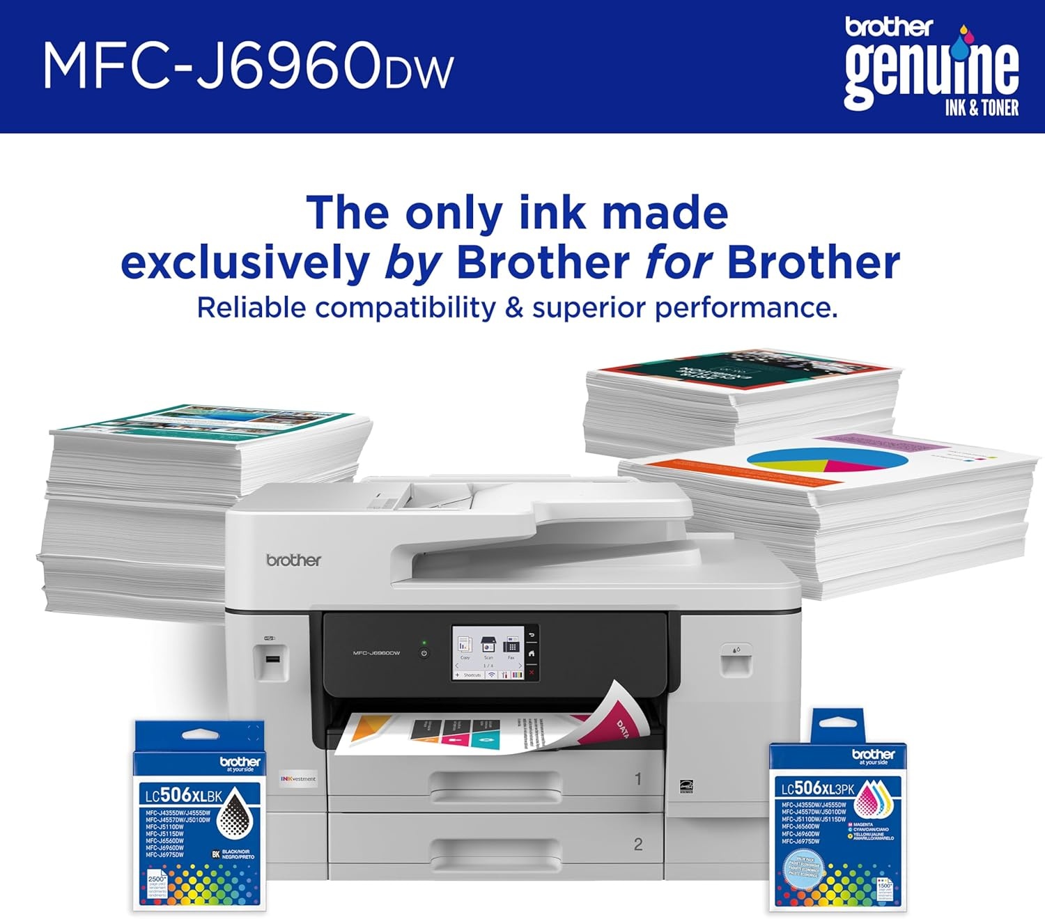 image:imageBrother INKvestment 6960 Wireless Color Inkjet AllinOne Printer with 11x17 Capabilities and 35 Color Touchscreen Includes Refresh Subscription Trial1 MFCJ6960DWCurrent Model