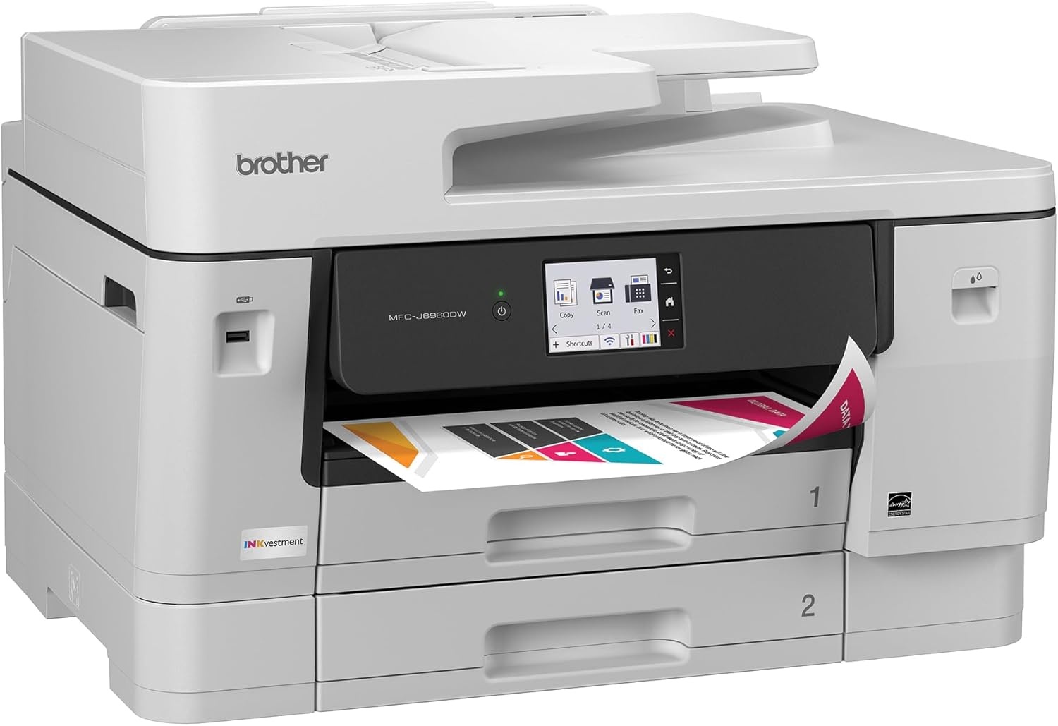image:imageBrother INKvestment 6960 Wireless Color Inkjet AllinOne Printer with 11x17 Capabilities and 35 Color Touchscreen Includes Refresh Subscription Trial1 MFCJ6960DWCurrent Model