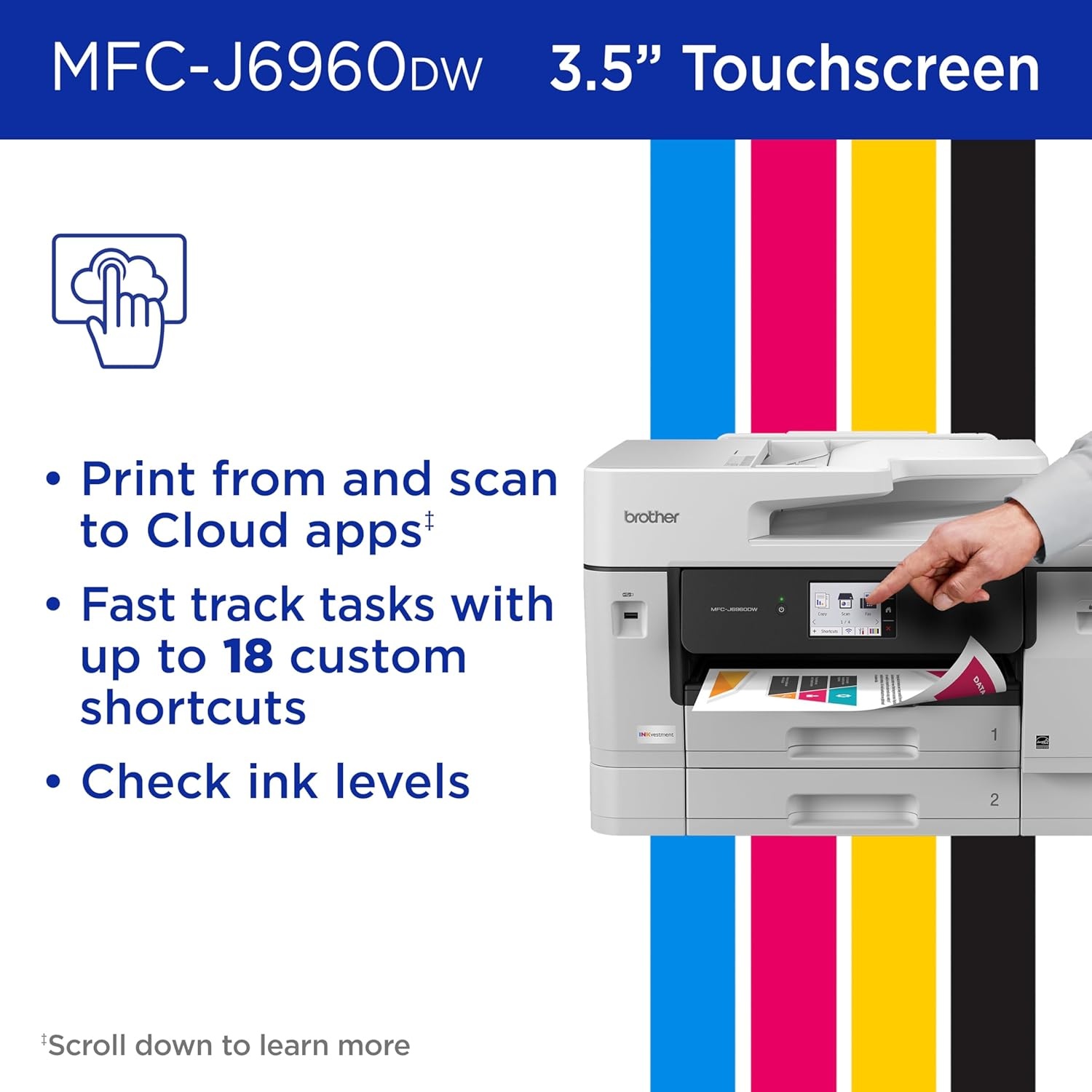image:imageBrother INKvestment 6960 Wireless Color Inkjet AllinOne Printer with 11x17 Capabilities and 35 Color Touchscreen Includes Refresh Subscription Trial1 MFCJ6960DWCurrent Model