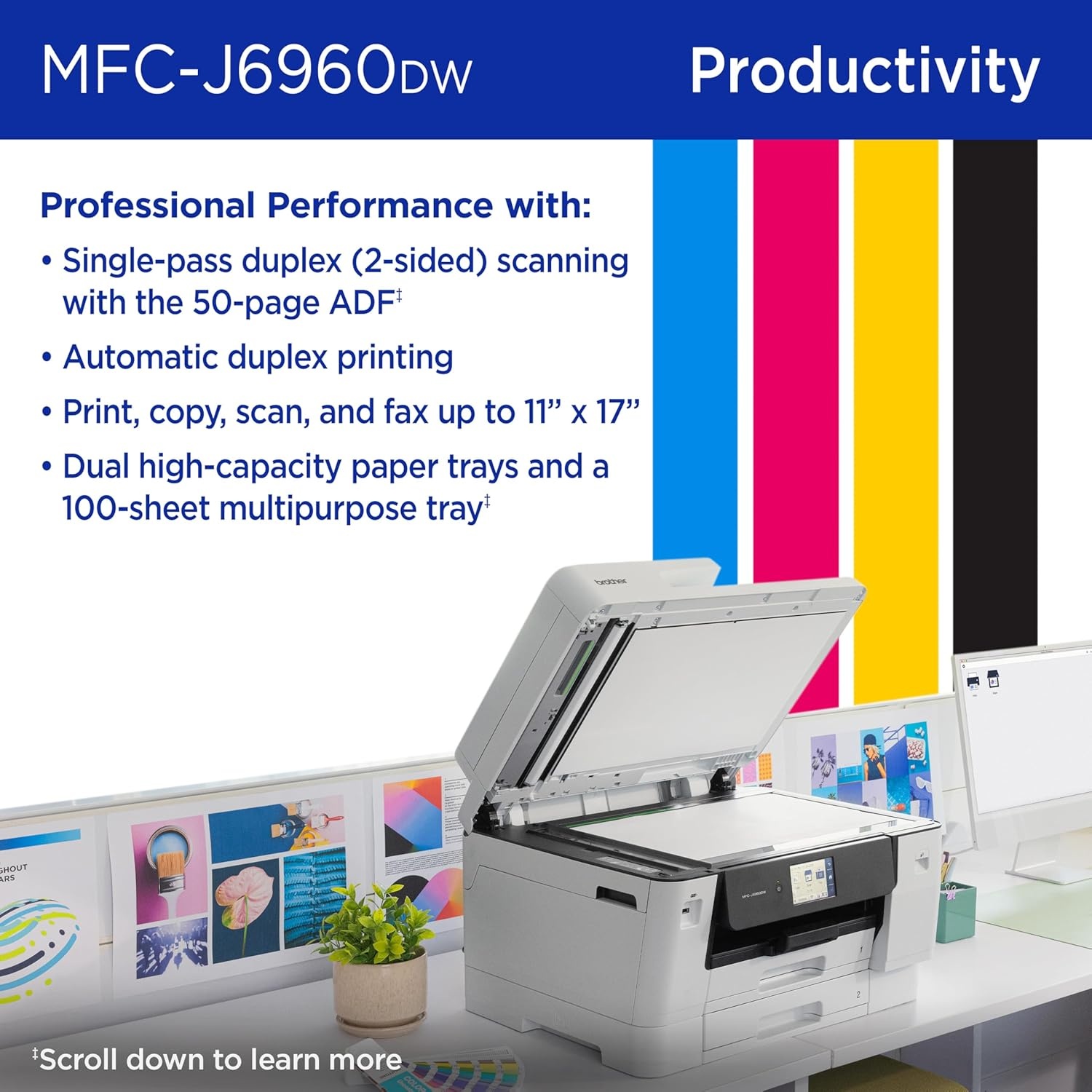 image:imageBrother INKvestment 6960 Wireless Color Inkjet AllinOne Printer with 11x17 Capabilities and 35 Color Touchscreen Includes Refresh Subscription Trial1 MFCJ6960DWCurrent Model