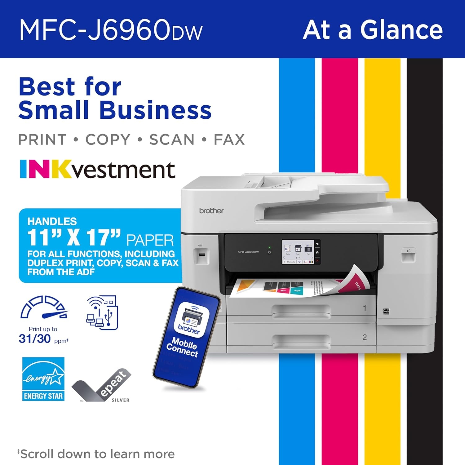 image:imageBrother INKvestment 6960 Wireless Color Inkjet AllinOne Printer with 11x17 Capabilities and 35 Color Touchscreen Includes Refresh Subscription Trial1 MFCJ6960DWCurrent Model