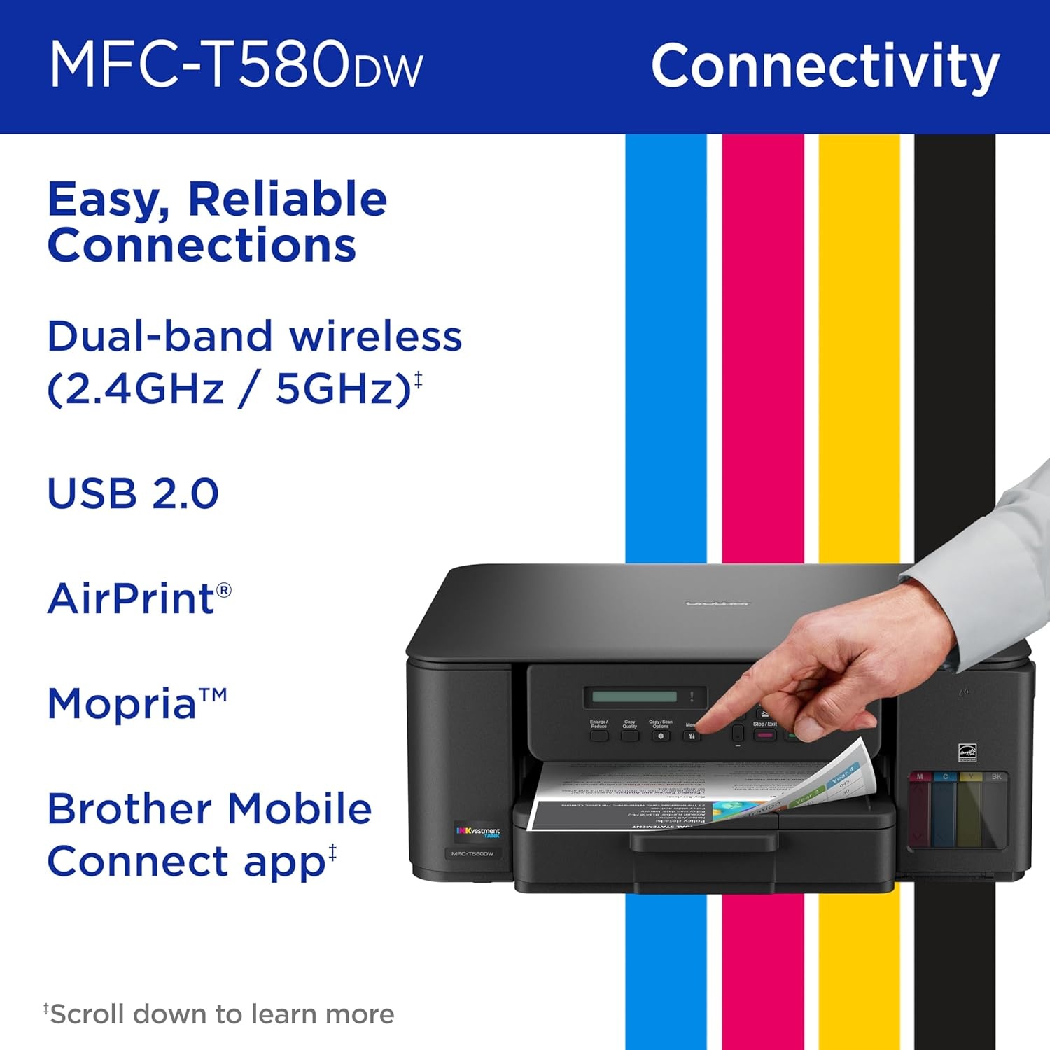 image:imageBrother INKvestment Tank 580 Wireless Color Inkjet AllinOne Printer Includes up to 3 Years of Ink inBox1 and 3Year Limited Warranty2 MFCT580DW