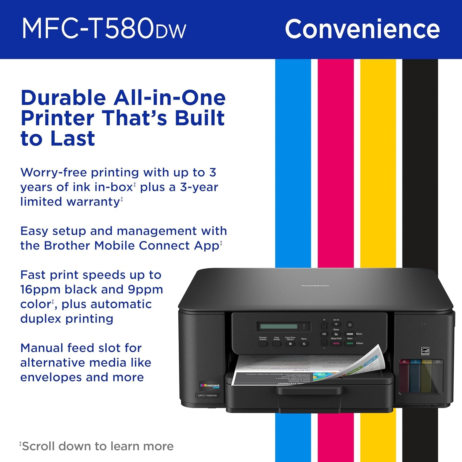 image:imageBrother INKvestment Tank 580 Wireless Color Inkjet AllinOne Printer Includes up to 3 Years of Ink inBox1 and 3Year Limited Warranty2 MFCT580DW