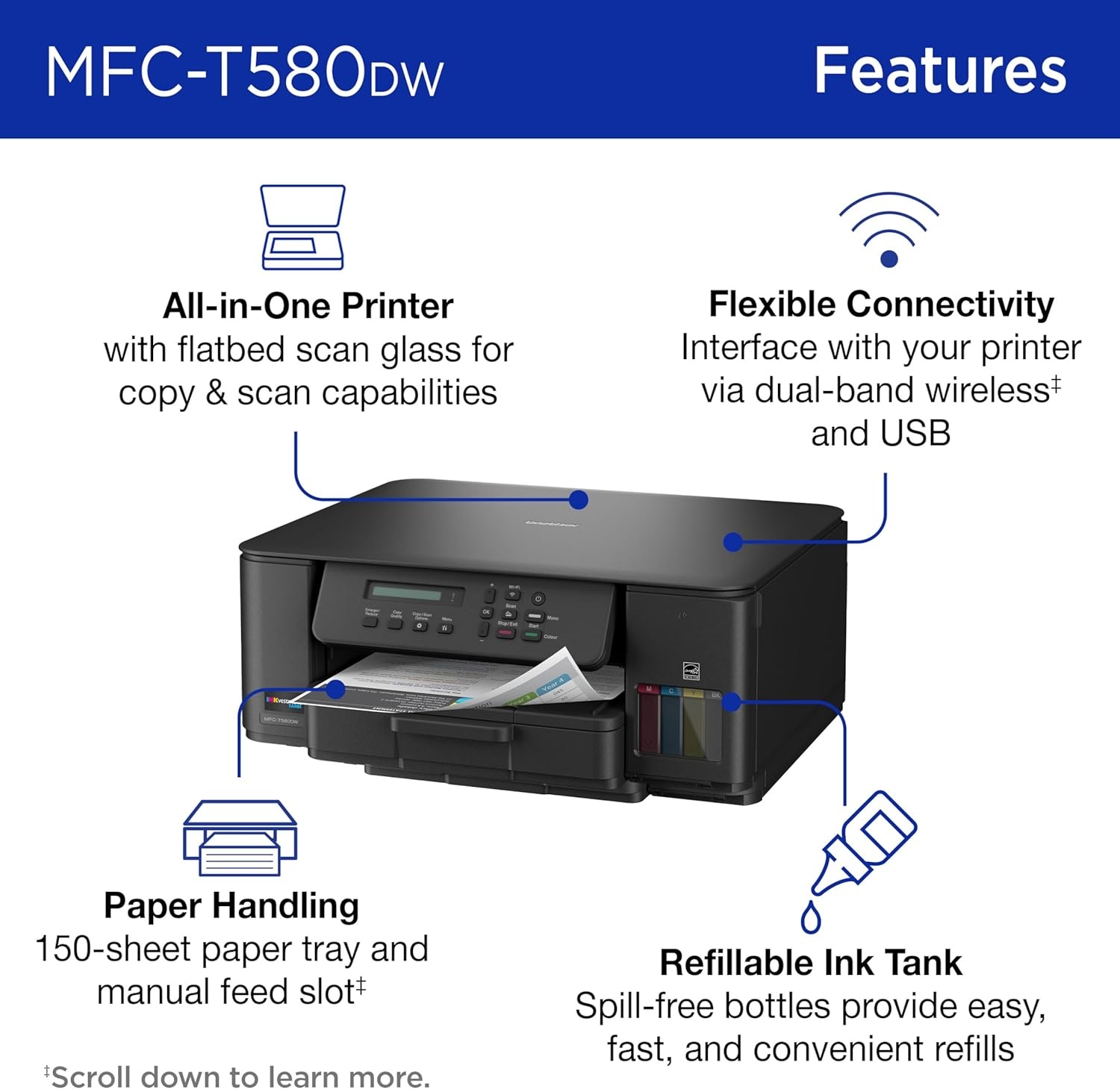 image:imageBrother INKvestment Tank 580 Wireless Color Inkjet AllinOne Printer Includes up to 3 Years of Ink inBox1 and 3Year Limited Warranty2 MFCT580DW