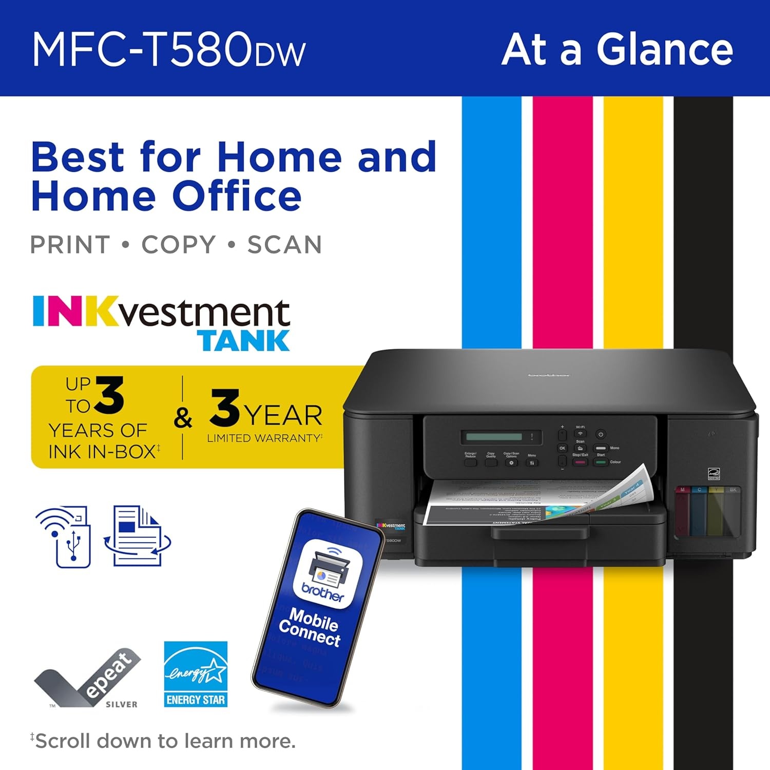 image:imageBrother INKvestment Tank 580 Wireless Color Inkjet AllinOne Printer Includes up to 3 Years of Ink inBox1 and 3Year Limited Warranty2 MFCT580DW