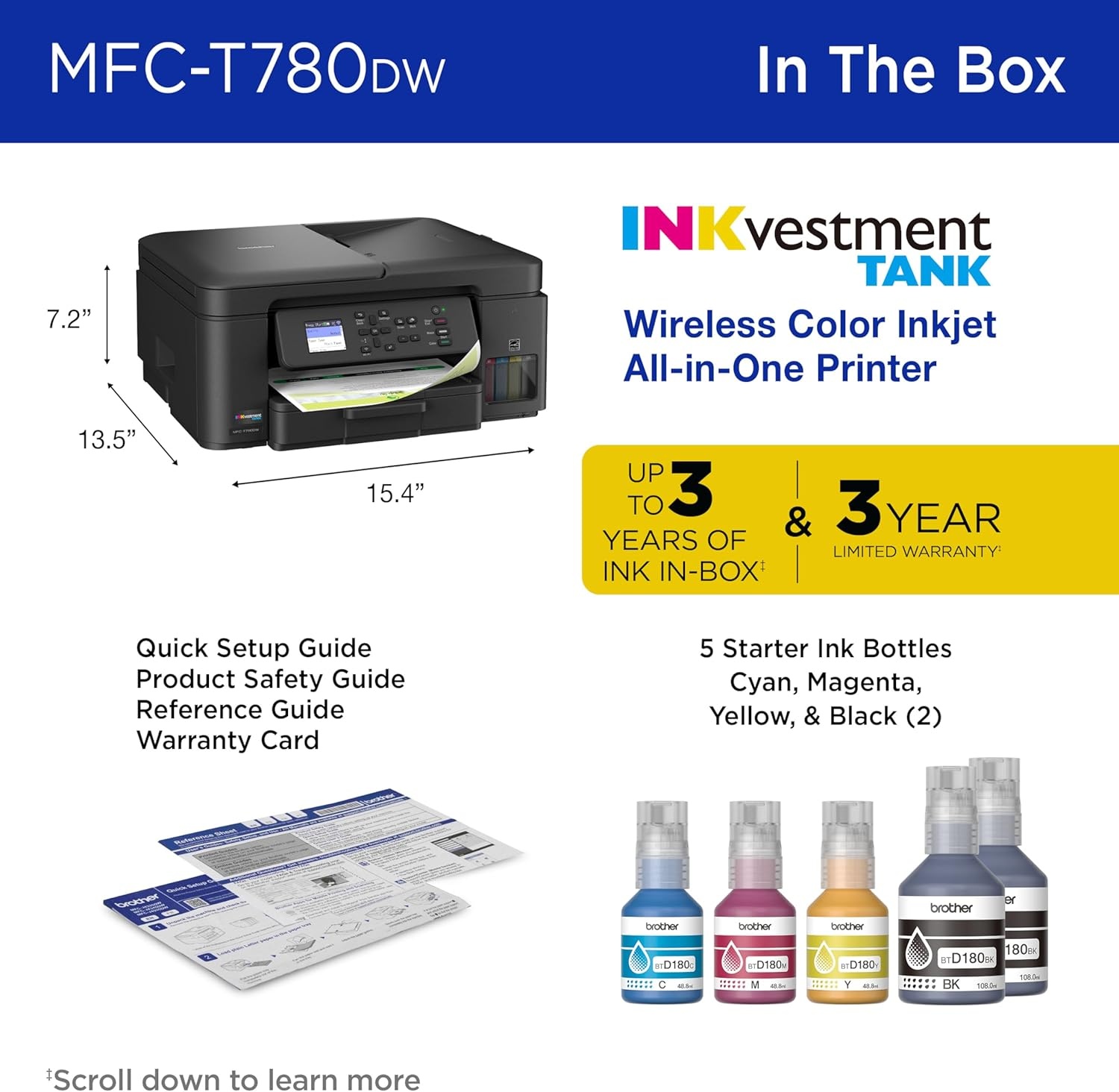 image:imageBrother INKvestment Tank 780 Wireless Color Inkjet AllinOne Printer with Duplex Printing Includes up to 3 Years of Ink inBox1 and a 3Year Limited Warranty2 MFCT780DW