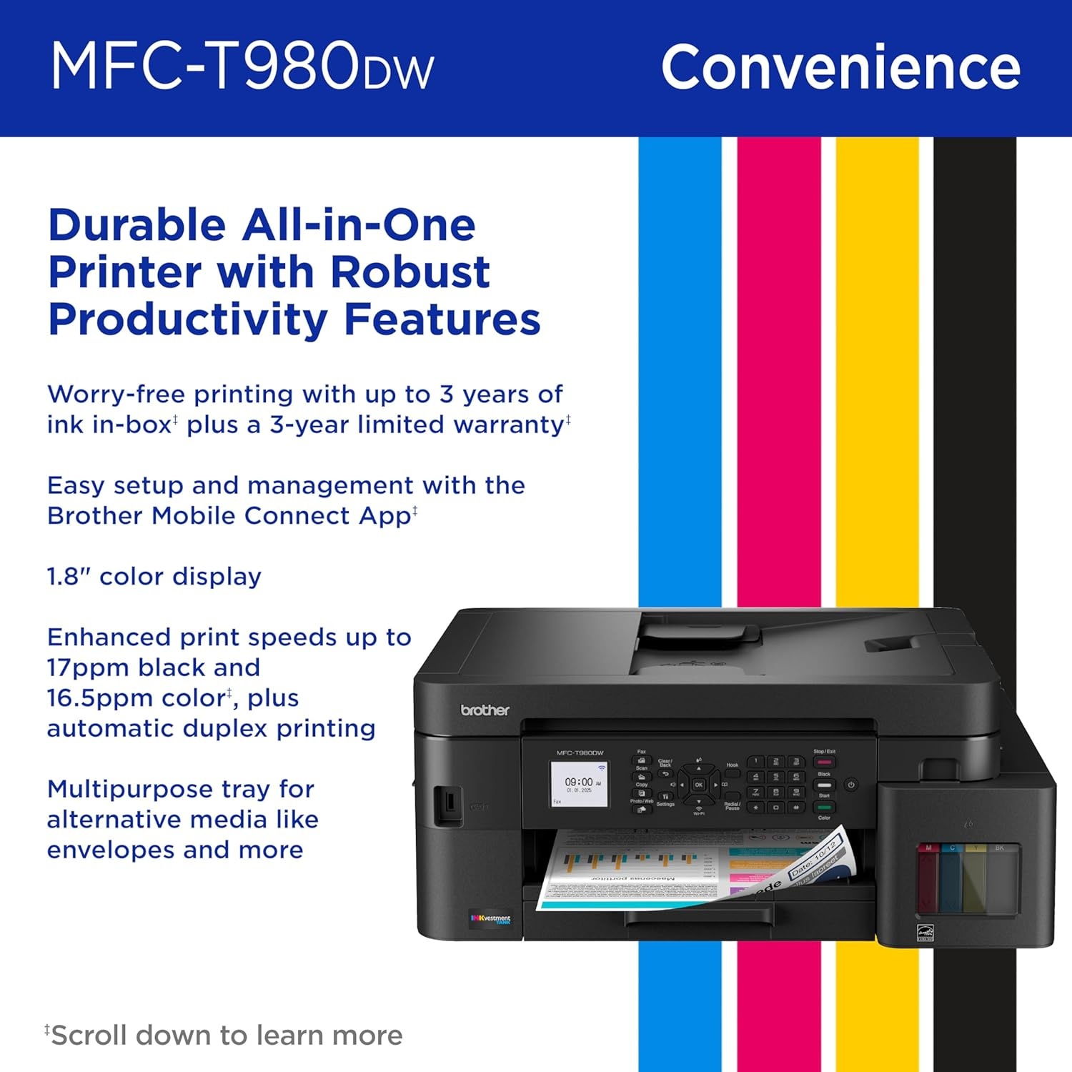 image:imageBrother INKvestment Tank 980 Wireless and Ethernet Color Inkjet AllinOne Printer with Multipurpose Tray Includes up to 3 Years of Ink inBox1 and Limited Warranty2 MFCT980DW