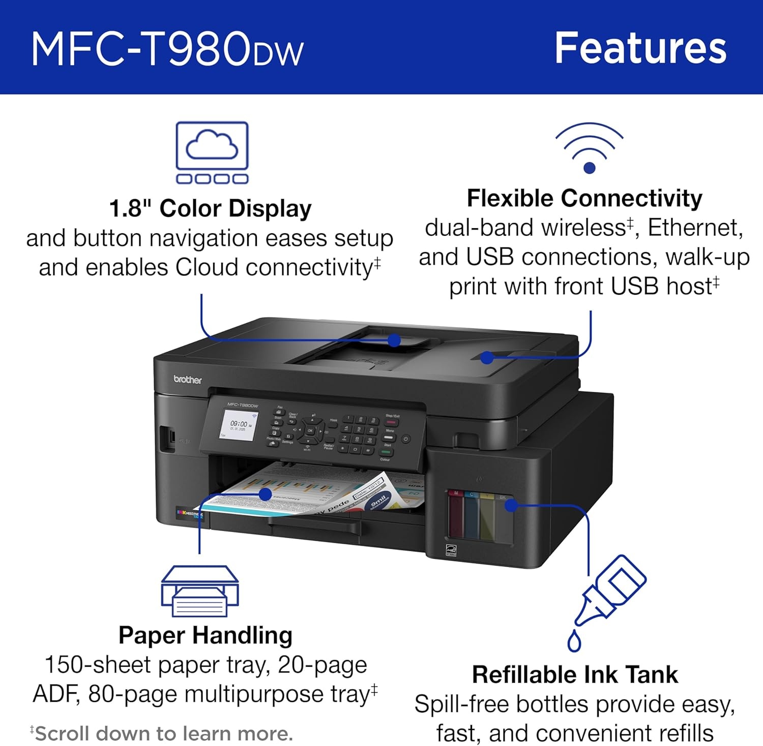 image:imageBrother INKvestment Tank 980 Wireless and Ethernet Color Inkjet AllinOne Printer with Multipurpose Tray Includes up to 3 Years of Ink inBox1 and Limited Warranty2 MFCT980DW