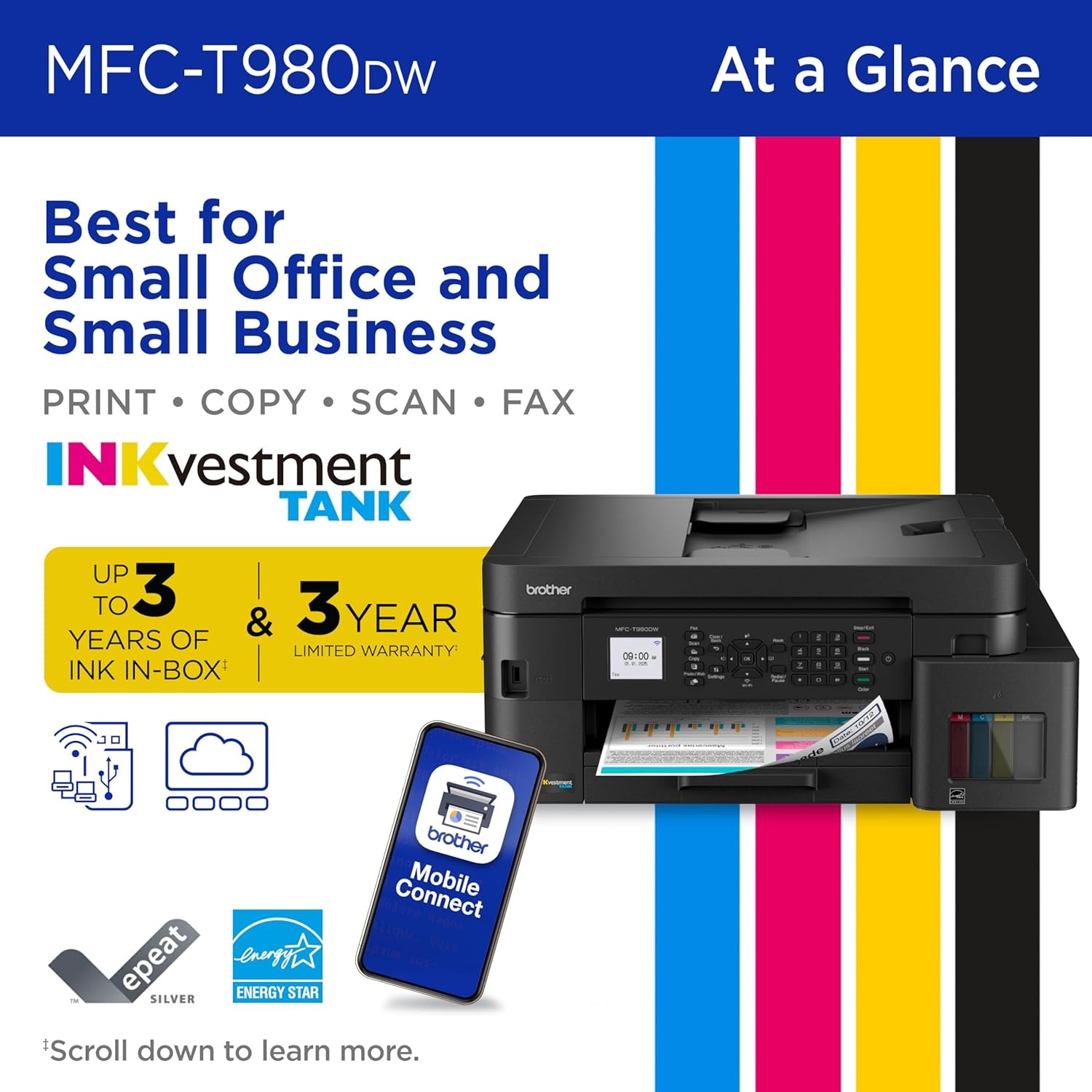 image:imageBrother INKvestment Tank 980 Wireless and Ethernet Color Inkjet AllinOne Printer with Multipurpose Tray Includes up to 3 Years of Ink inBox1 and Limited Warranty2 MFCT980DW