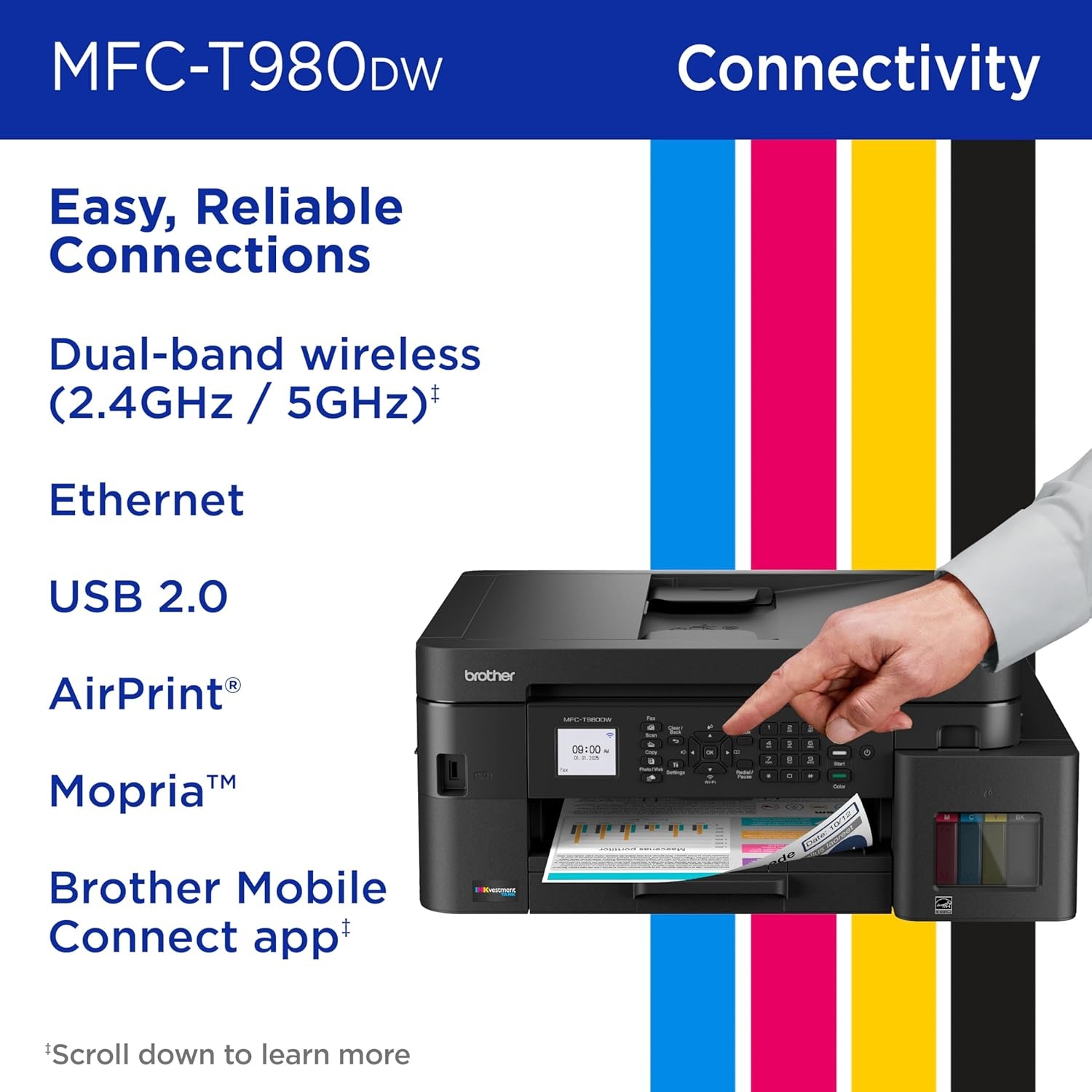 image:imageBrother INKvestment Tank 980 Wireless and Ethernet Color Inkjet AllinOne Printer with Multipurpose Tray Includes up to 3 Years of Ink inBox1 and Limited Warranty2 MFCT980DW
