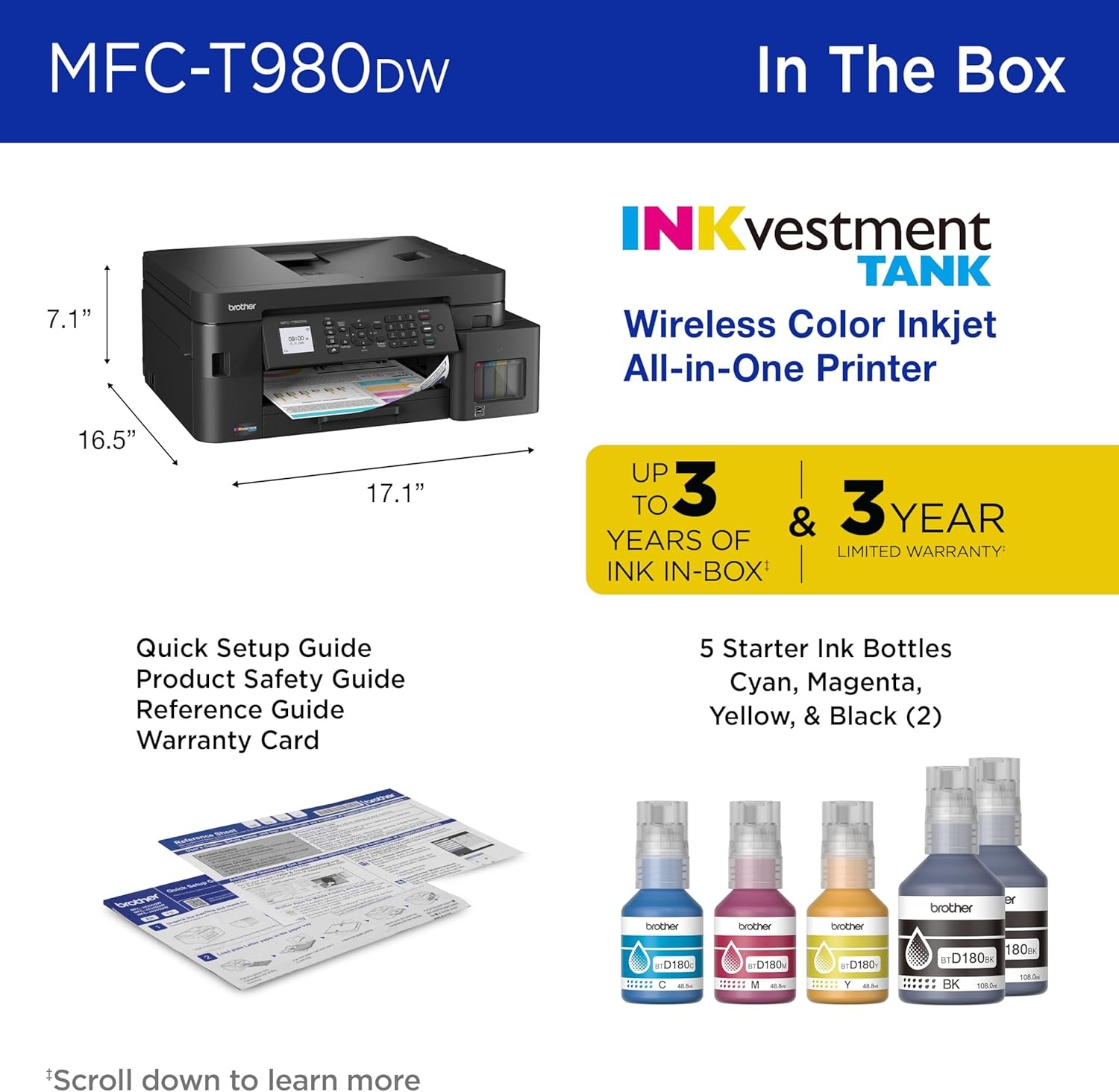 image:imageBrother INKvestment Tank 980 Wireless and Ethernet Color Inkjet AllinOne Printer with Multipurpose Tray Includes up to 3 Years of Ink inBox1 and Limited Warranty2 MFCT980DW