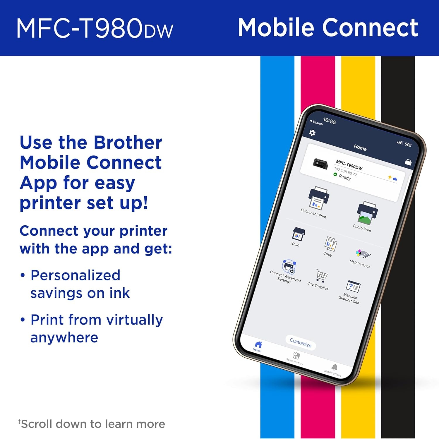 image:imageBrother INKvestment Tank 980 Wireless and Ethernet Color Inkjet AllinOne Printer with Multipurpose Tray Includes up to 3 Years of Ink inBox1 and Limited Warranty2 MFCT980DW