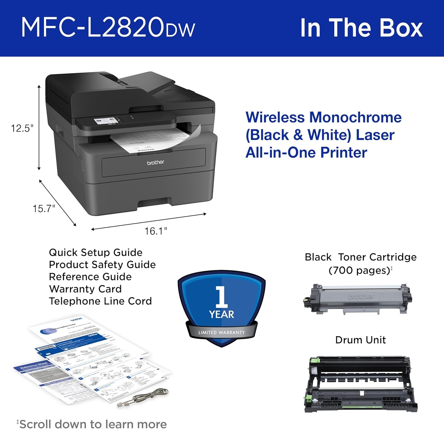 image:imageBrother MFCL2820DW Wireless Compact Monochrome AllinOne Laser Printer with Copy Scan and Fax Duplex Black amp White Includes Refresh Subscription Trial1 Works with AlexaMFCL2820DW