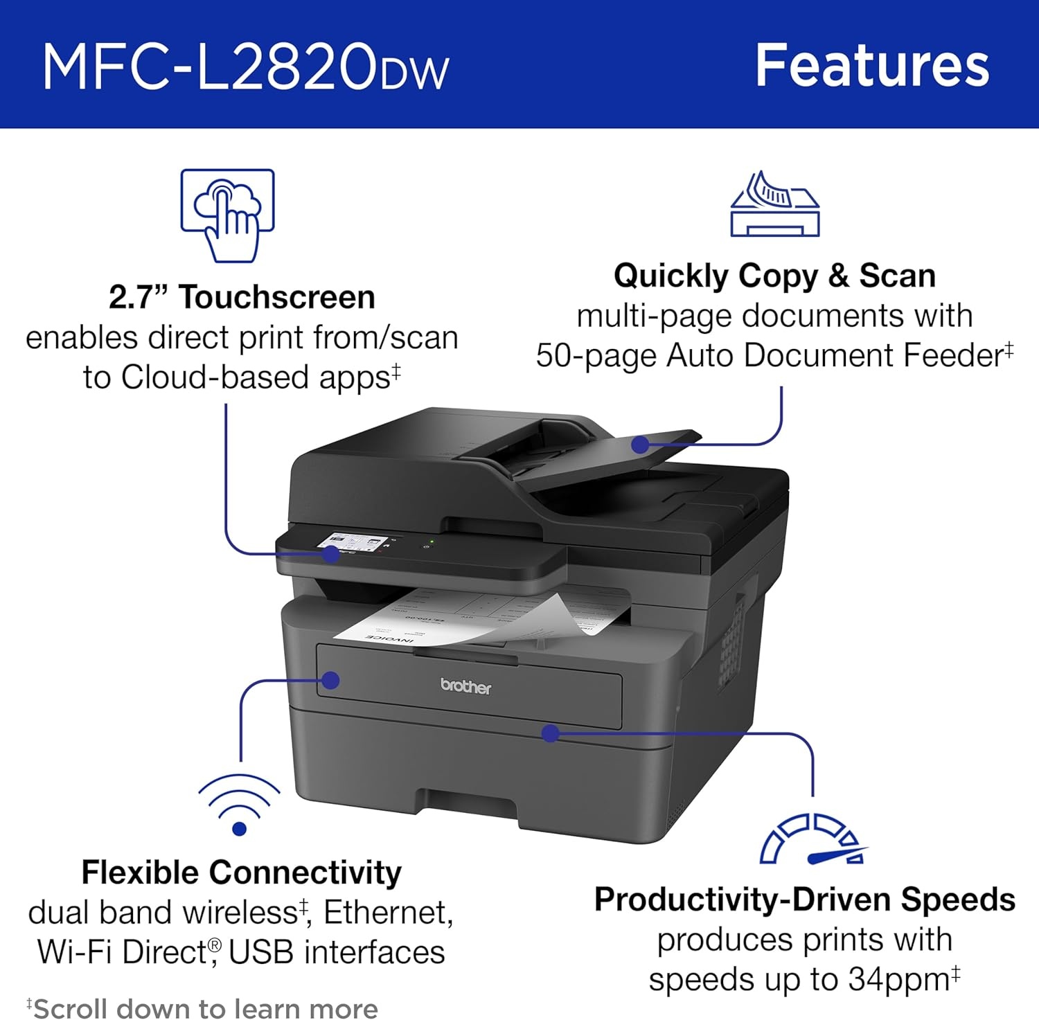 image:imageBrother MFCL2820DW Wireless Compact Monochrome AllinOne Laser Printer with Copy Scan and Fax Duplex Black amp White Includes Refresh Subscription Trial1 Works with AlexaMFCL2820DW