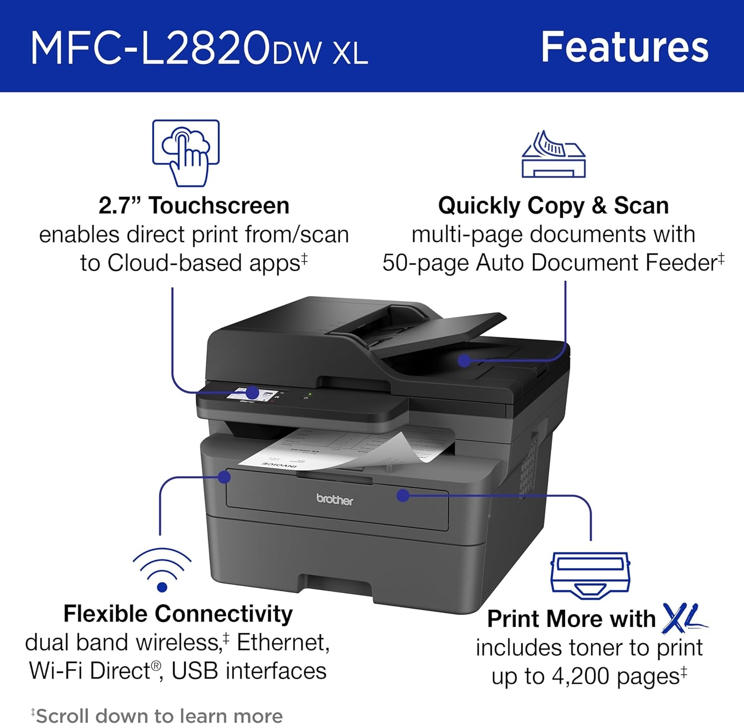 image:imageBrother MFCL2820DW Wireless Compact Monochrome AllinOne Laser Printer with Copy Scan and Fax Duplex Black amp White Includes Refresh Subscription Trial1 Works with AlexaMFCL2820DWXL