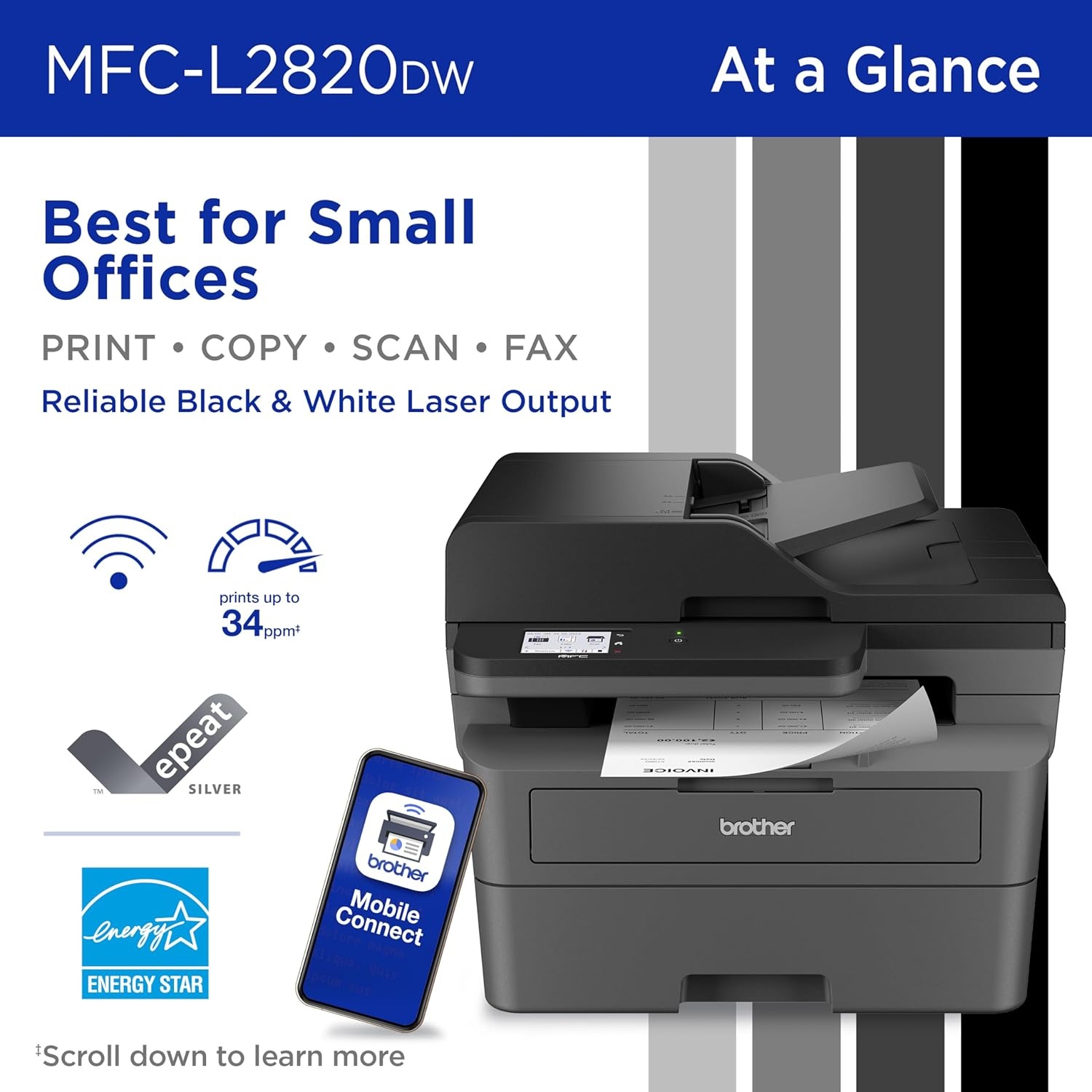 image:imageBrother MFCL2820DW Wireless Compact Monochrome AllinOne Laser Printer with Copy Scan and Fax Duplex Black amp White Includes Refresh Subscription Trial1 Works with AlexaMFCL2820DW