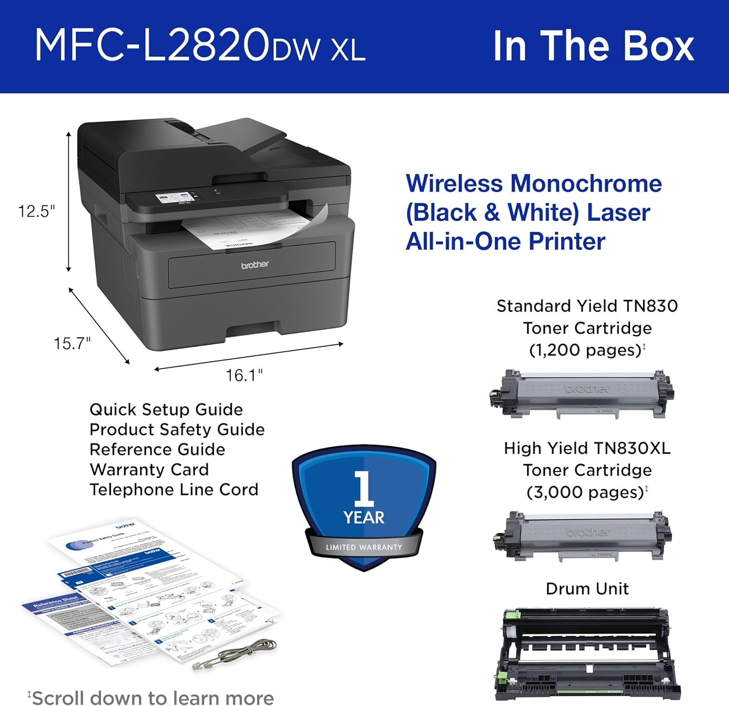 image:imageBrother MFCL2820DW Wireless Compact Monochrome AllinOne Laser Printer with Copy Scan and Fax Duplex Black amp White Includes Refresh Subscription Trial1 Works with AlexaMFCL2820DWXL