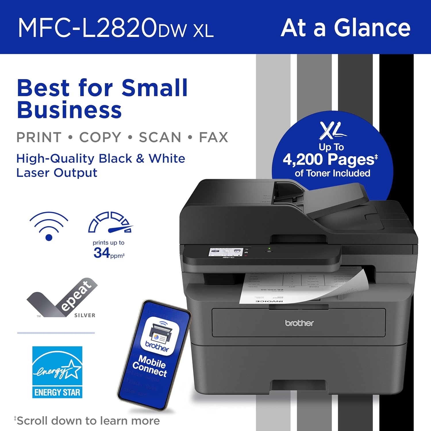 image:imageBrother MFCL2820DW Wireless Compact Monochrome AllinOne Laser Printer with Copy Scan and Fax Duplex Black amp White Includes Refresh Subscription Trial1 Works with AlexaMFCL2820DWXL