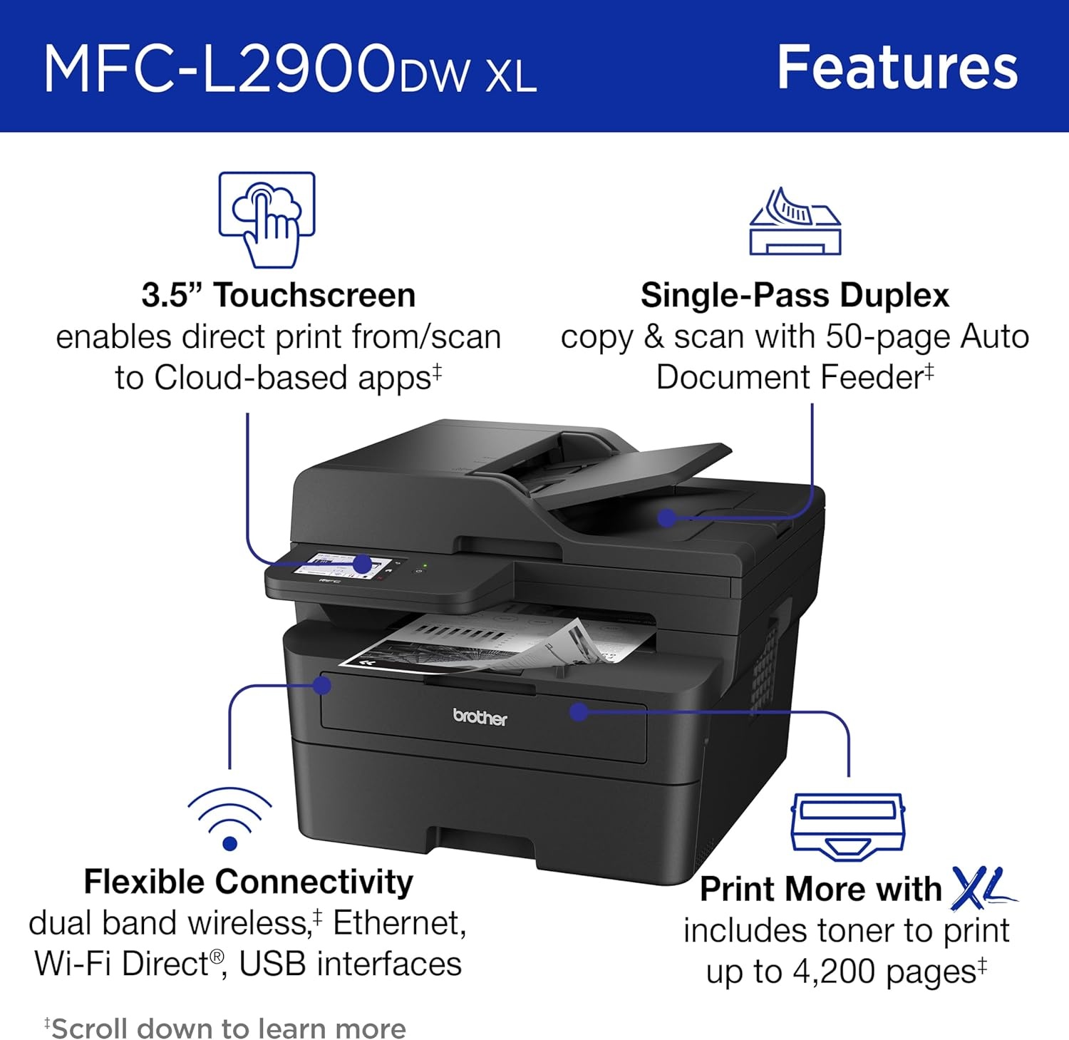 image:imageBrother MFCL2900DW XL Wireless Compact Monochrome AllinOne Laser Printer with Duplex Copy amp Scan Fax Black amp White Up to 4200 Pages of Toner Included1 Amazon Dash Replenishment ReadyNew