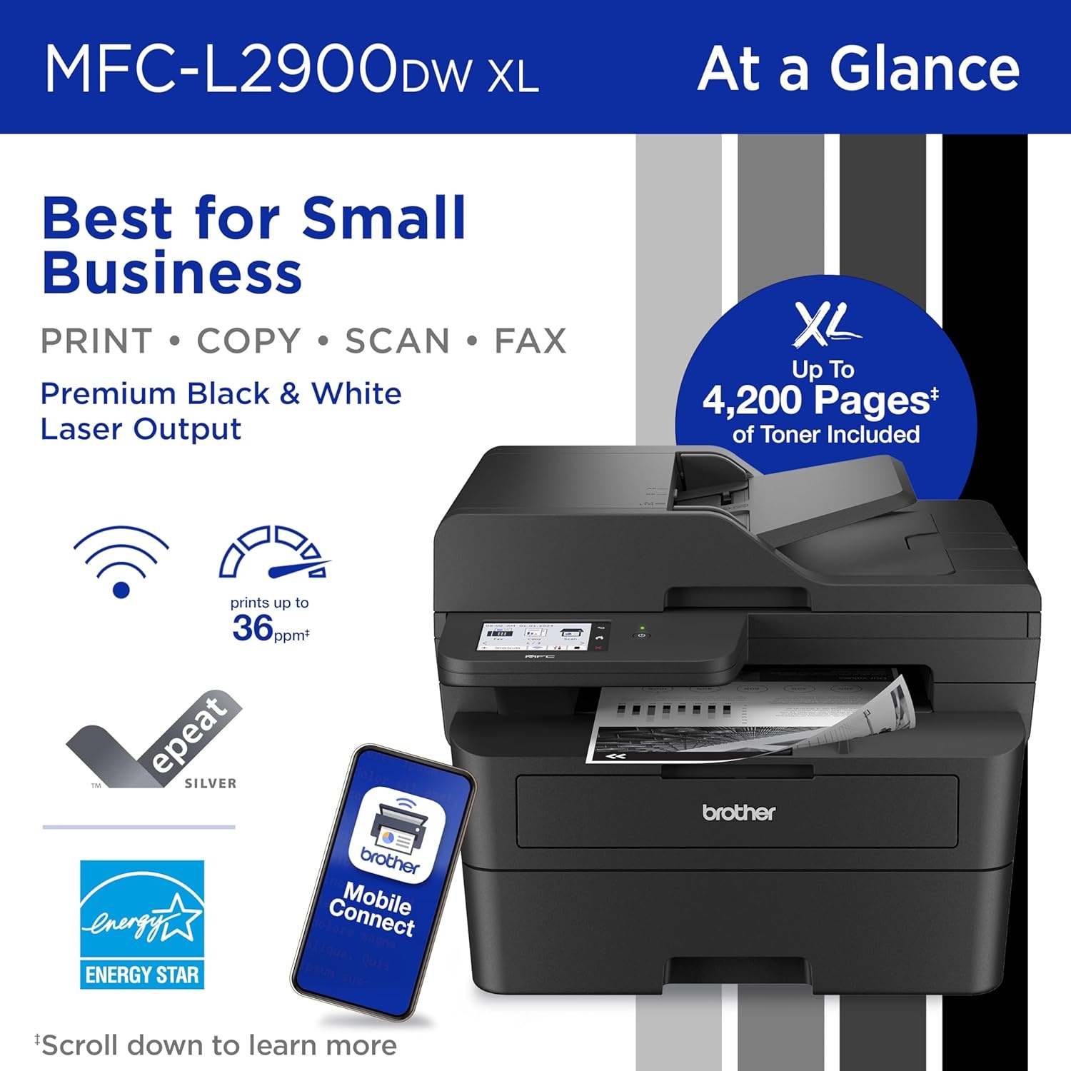 image:imageBrother MFCL2900DW XL Wireless Compact Monochrome AllinOne Laser Printer with Duplex Copy amp Scan Fax Black amp White Up to 4200 Pages of Toner Included1 Amazon Dash Replenishment ReadyNew