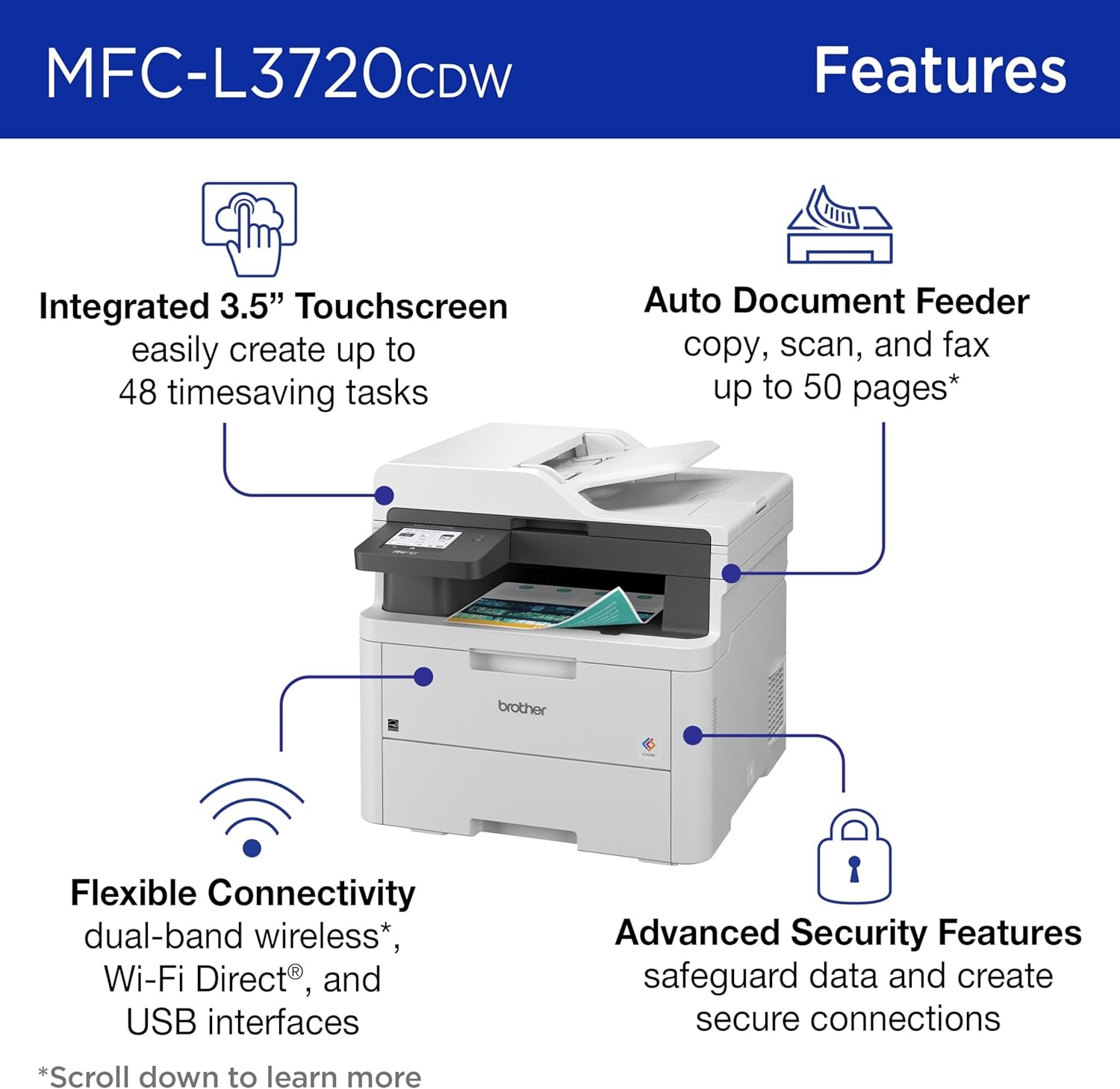 image:imageBrother MFCL3720CDW Wireless Color Laser Printer with Scanner Copier and Fax Auto Duplex and 250Sheet Capacity Includes Refresh Subscription Trial1 Amazon Dash Replenishment ReadyRenewed Refurbished