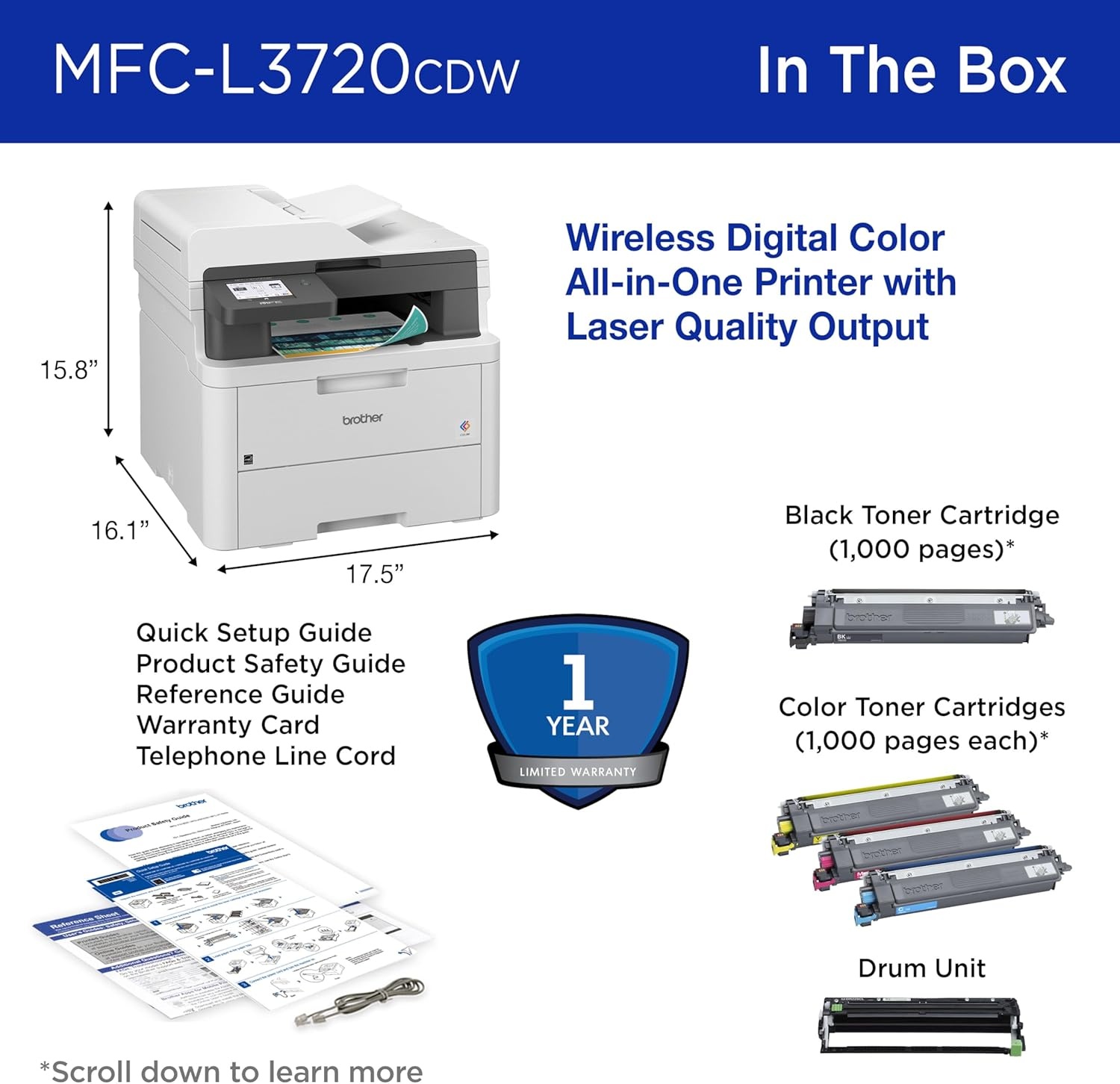 image:imageBrother MFCL3720CDW Wireless Color Laser Printer with Scanner Copier and Fax Auto Duplex and 250Sheet Capacity Includes Refresh Subscription Trial1 Amazon Dash Replenishment ReadyRenewed Refurbished