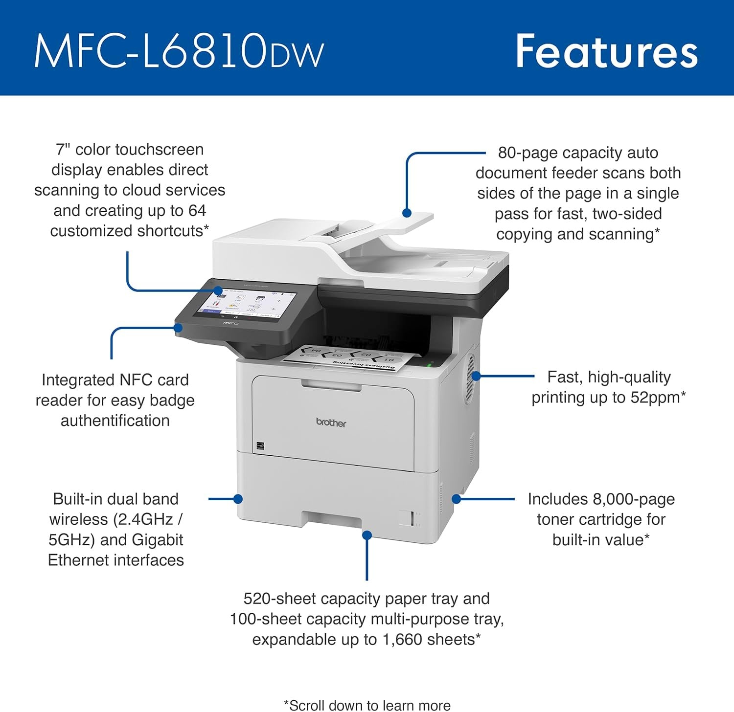 image:imageBrother MFCL6810DW Enterprise Monochrome Laser AllinOne Printer Large Paper Capacity Wireless Networking Advanced Security Features and Duplex Print Scan and Copy Works with AlexaRenewed MFCL6810DW
