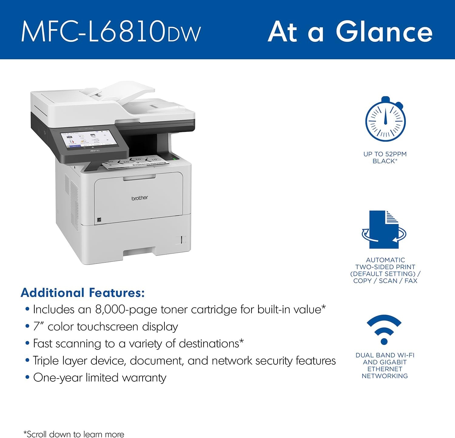 image:imageBrother MFCL6810DW Enterprise Monochrome Laser AllinOne Printer Large Paper Capacity Wireless Networking Advanced Security Features and Duplex Print Scan and Copy Works with AlexaRenewed MFCL6810DW