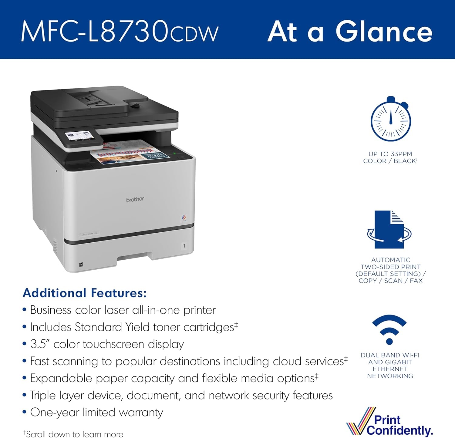 image:imageBrother MFCL8730CDW Business Color Laser AllinOne Printer with Duplex Print Scan Copy Wireless Networking and Advanced Security FeaturesMFCL8730CDW