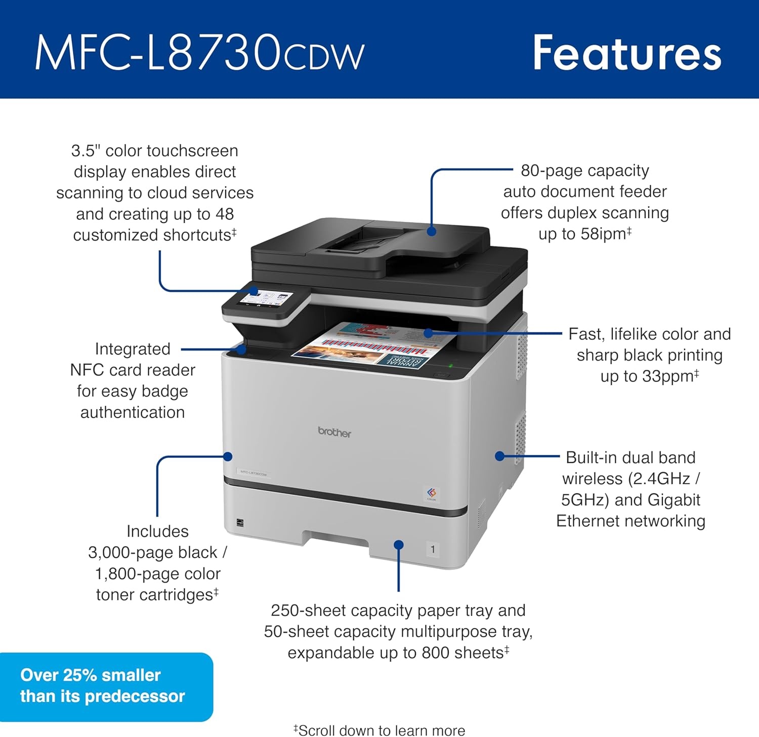 image:imageBrother MFCL8730CDW Business Color Laser AllinOne Printer with Duplex Print Scan Copy Wireless Networking and Advanced Security FeaturesMFCL8730CDW
