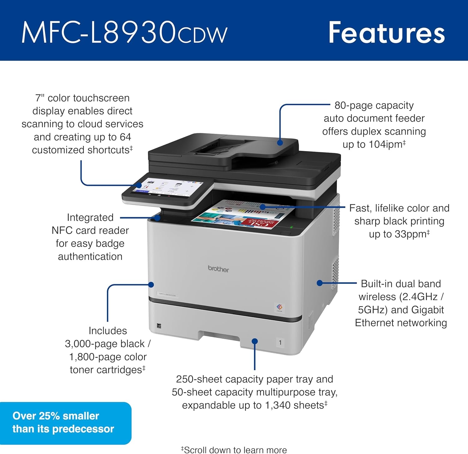 image:imageBrother MFCL8930CDW Business Color Laser AllinOne Printer with Duplex Print Scan Copy LowCost Printing and Advanced Security FeaturesCurrent Version MFCL8930CDW