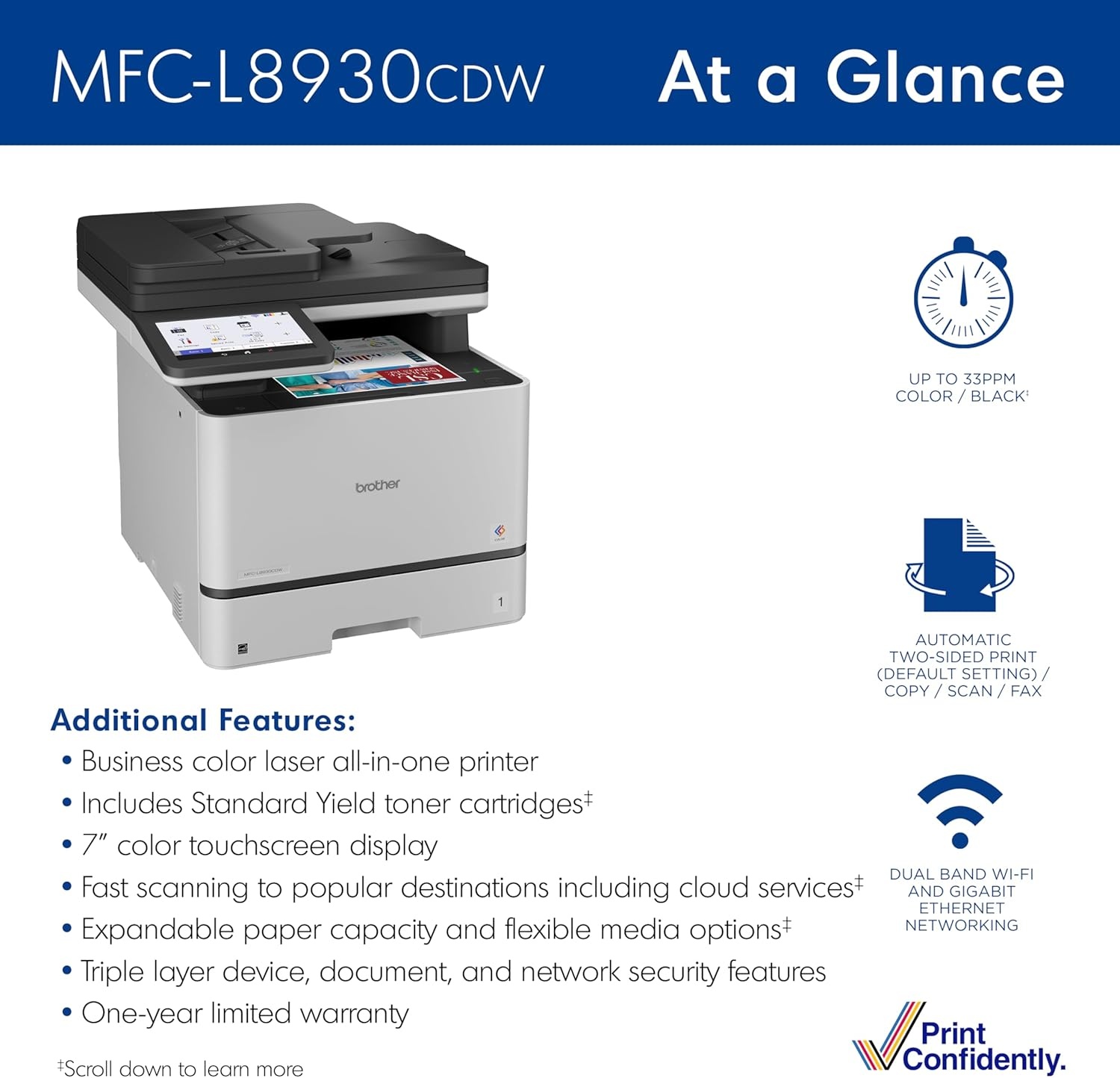image:imageBrother MFCL8930CDW Business Color Laser AllinOne Printer with Duplex Print Scan Copy LowCost Printing and Advanced Security FeaturesCurrent Version MFCL8930CDW