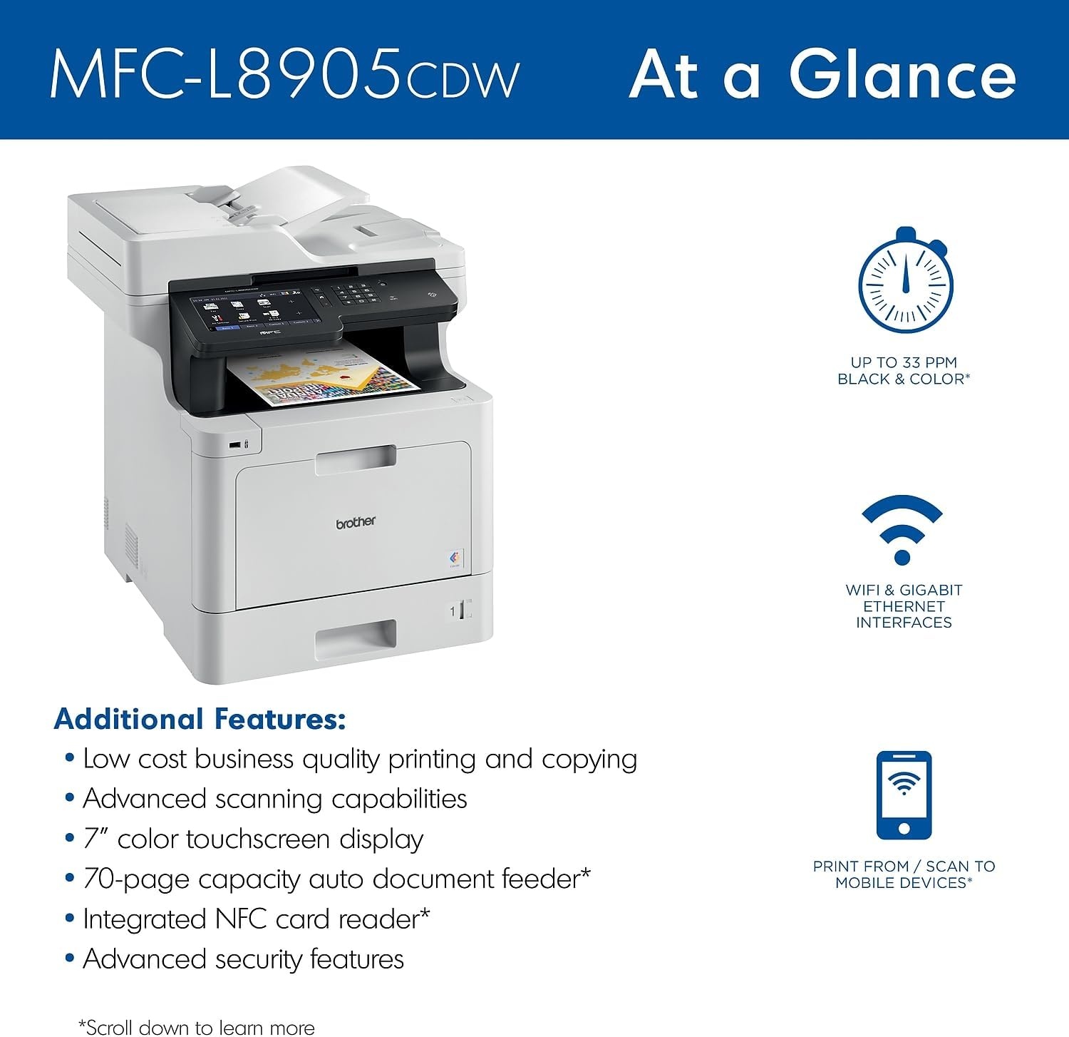 image:imageBrother MFCL8930CDW Business Color Laser AllinOne Printer with Duplex Print Scan Copy LowCost Printing and Advanced Security FeaturesPrevious Version MFCL8905CDW