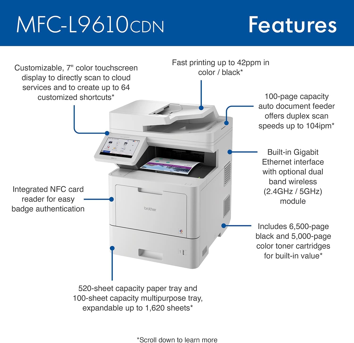 image:imageBrother MFCL9610CDN Enterprise Color Laser AllinOne Printer with Fast Printing Large Paper Capacity and Advanced Security FeaturesMFCL9610CDN