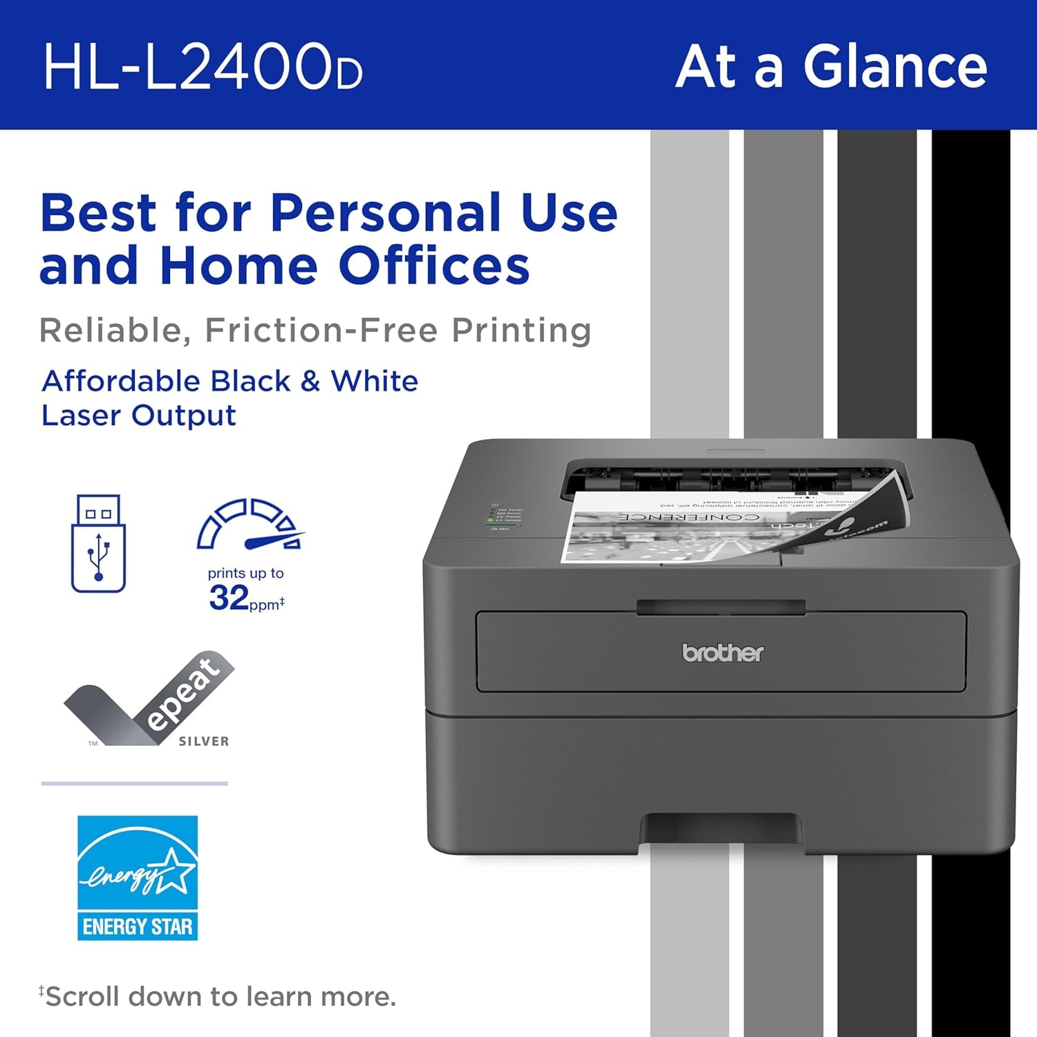 image:imageBrother Monochrome Laser Printer with 32 PPM Speed and Automatic 2Sided Printing for Home Office Fast Black and White Output Compact Design with 250Sheet Capacity HLL2400DRenewed Refurbished