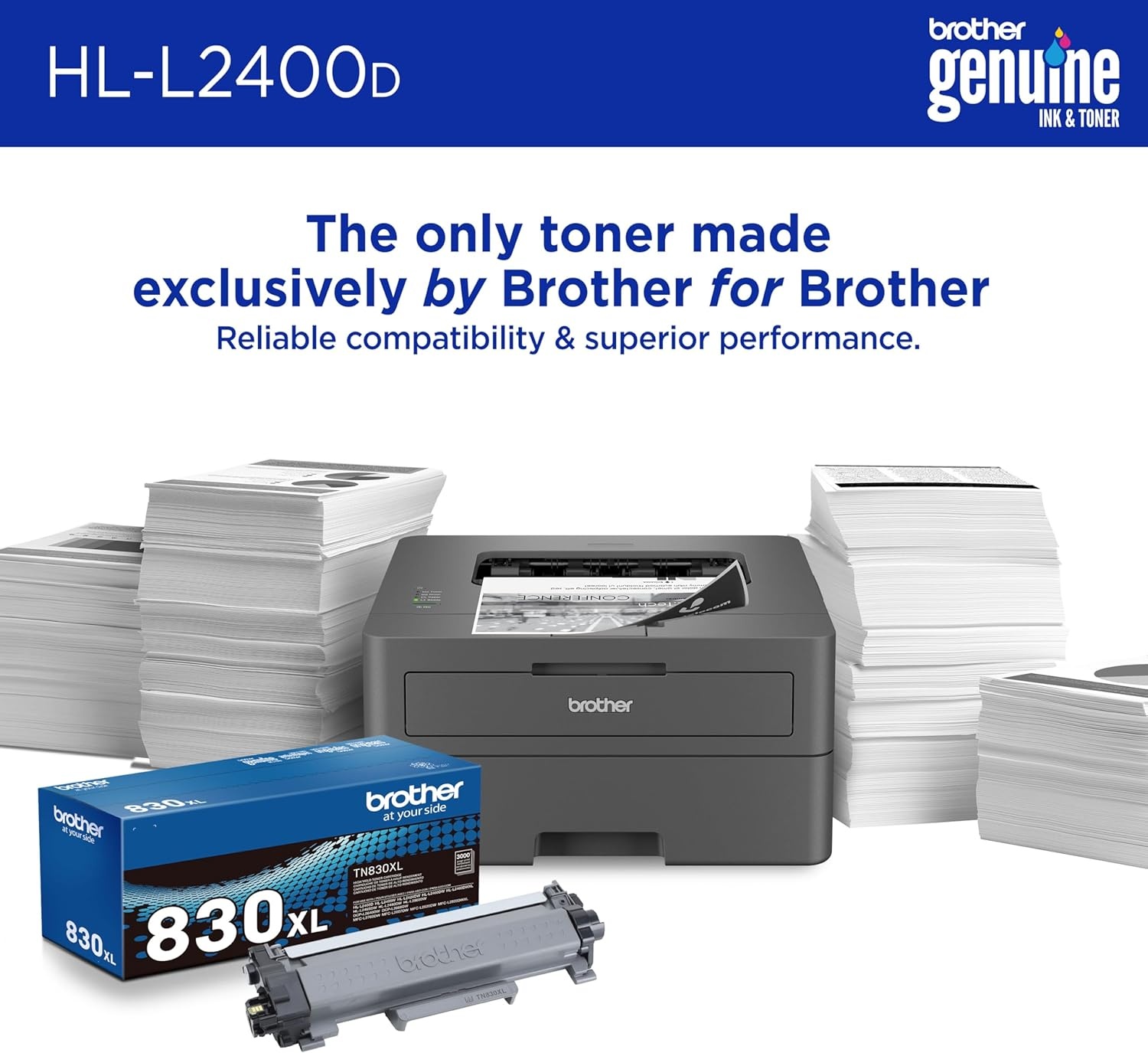 image:imageBrother Monochrome Laser Printer with 32 PPM Speed and Automatic 2Sided Printing for Home Office Fast Black and White Output Compact Design with 250Sheet Capacity HLL2400DNew