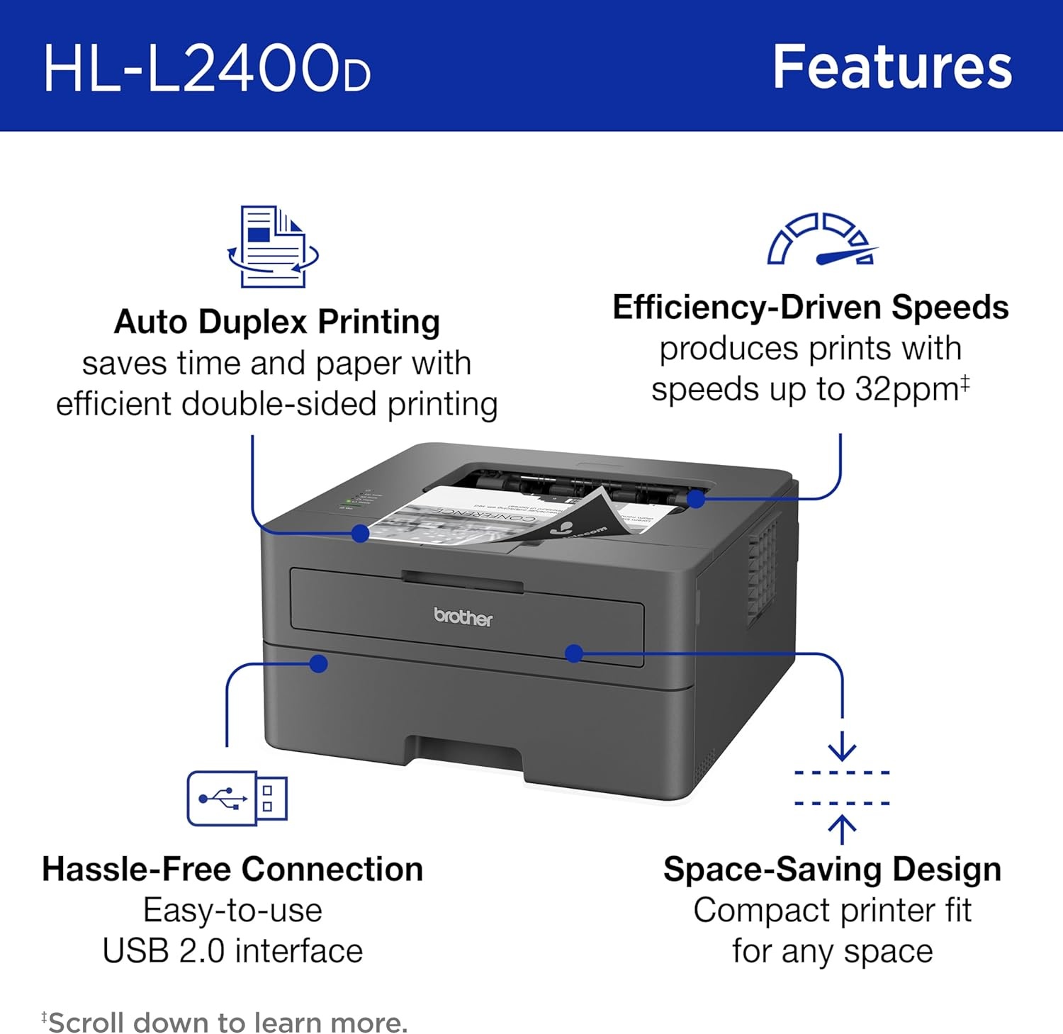 image:imageBrother Monochrome Laser Printer with 32 PPM Speed and Automatic 2Sided Printing for Home Office Fast Black and White Output Compact Design with 250Sheet Capacity HLL2400DRenewed Refurbished