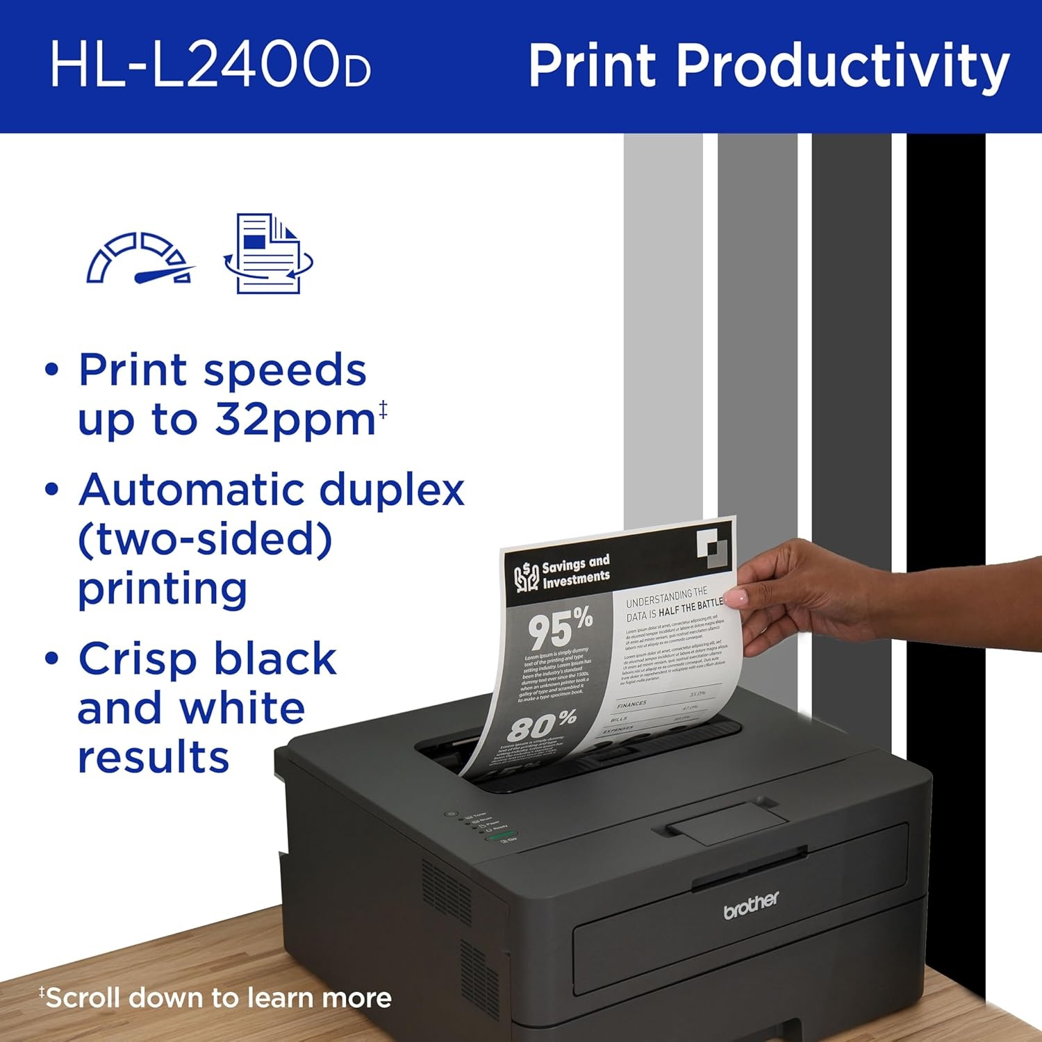 image:imageBrother Monochrome Laser Printer with 32 PPM Speed and Automatic 2Sided Printing for Home Office Fast Black and White Output Compact Design with 250Sheet Capacity HLL2400DNew