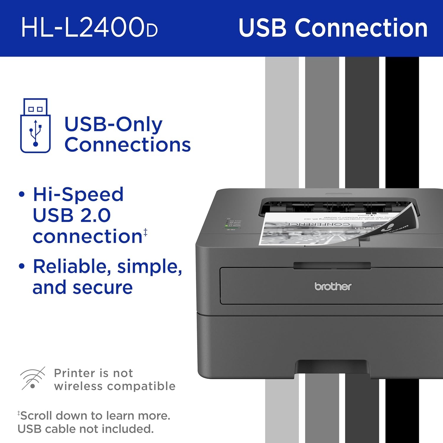 image:imageBrother Monochrome Laser Printer with 32 PPM Speed and Automatic 2Sided Printing for Home Office Fast Black and White Output Compact Design with 250Sheet Capacity HLL2400DNew