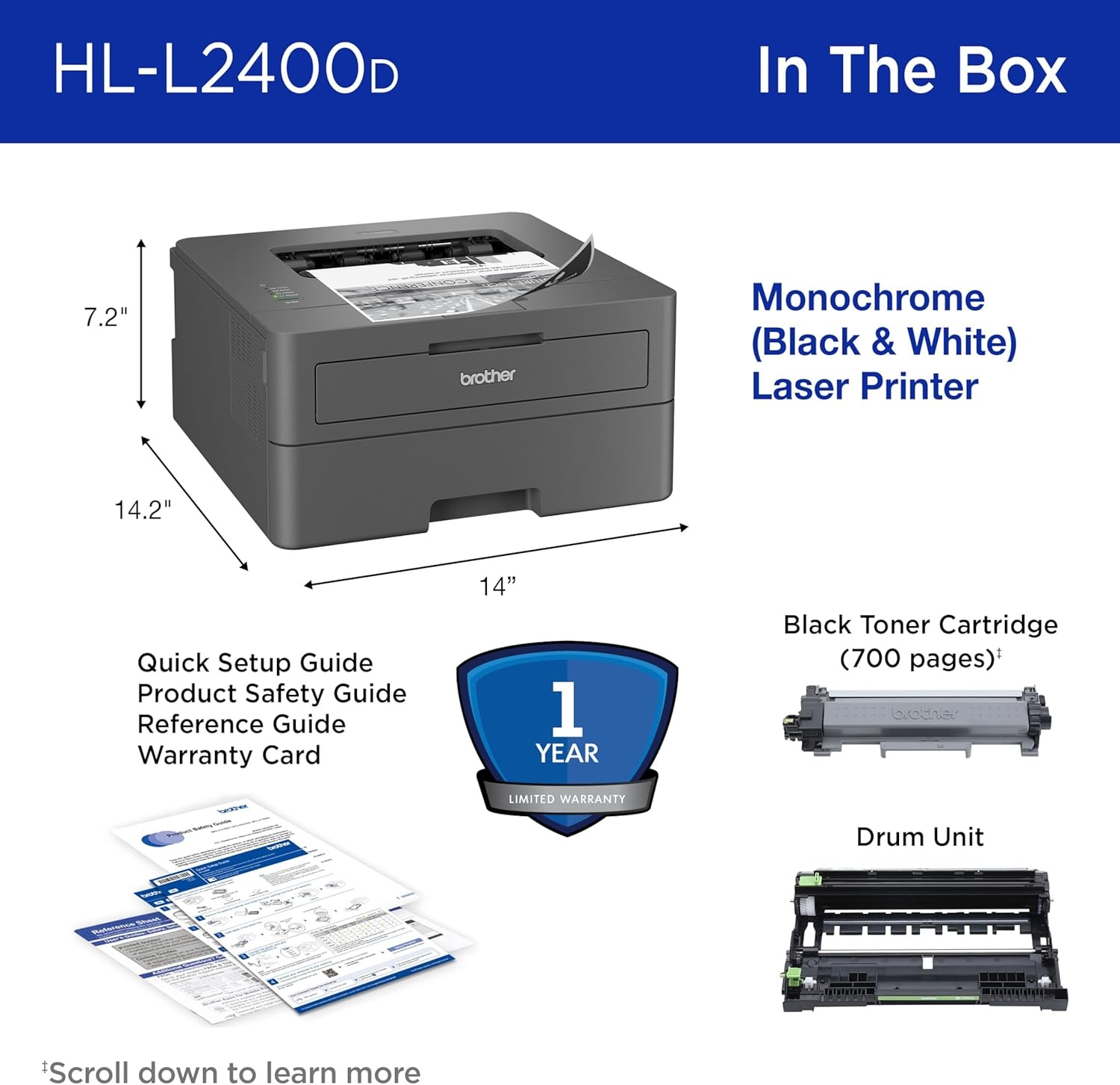 image:imageBrother Monochrome Laser Printer with 32 PPM Speed and Automatic 2Sided Printing for Home Office Fast Black and White Output Compact Design with 250Sheet Capacity HLL2400DRenewed Refurbished