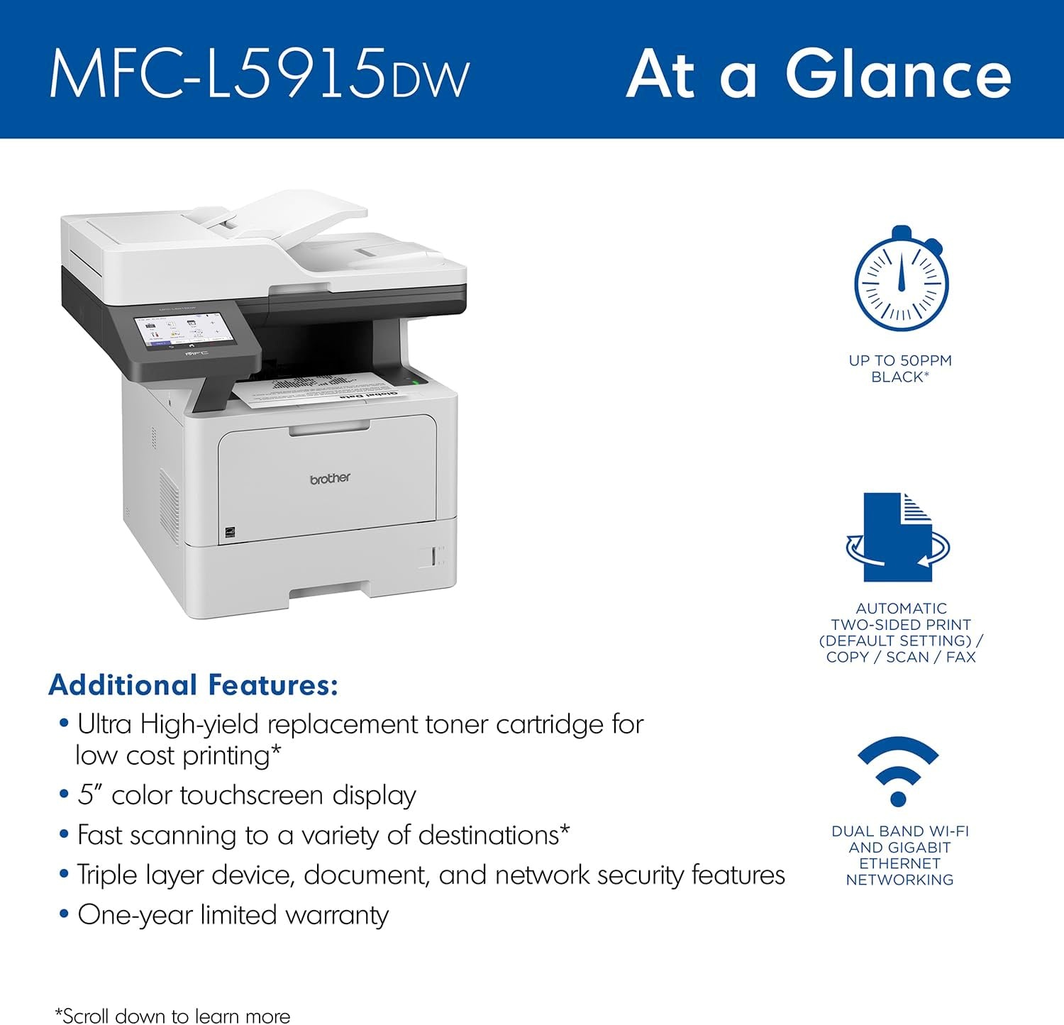 image:imageBrother Professional Laser Printer AllinOne with Scanner and Copier HighSpeed 50 ppm Monochrome Printing Wireless Network Ready DualBand WiFi Auto 2Sided Print MFCL5915DWRenewed Refurbished