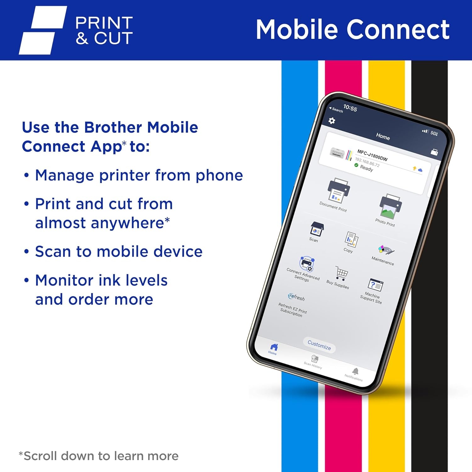 image:imageBrother Wireless AllinOne Color Inkjet Printer with Auto Paper Cutter Scanner Copier and Fax for Home Office Print and Cut Machine with Mobile Printing and 150Sheet Capacity J1800DW