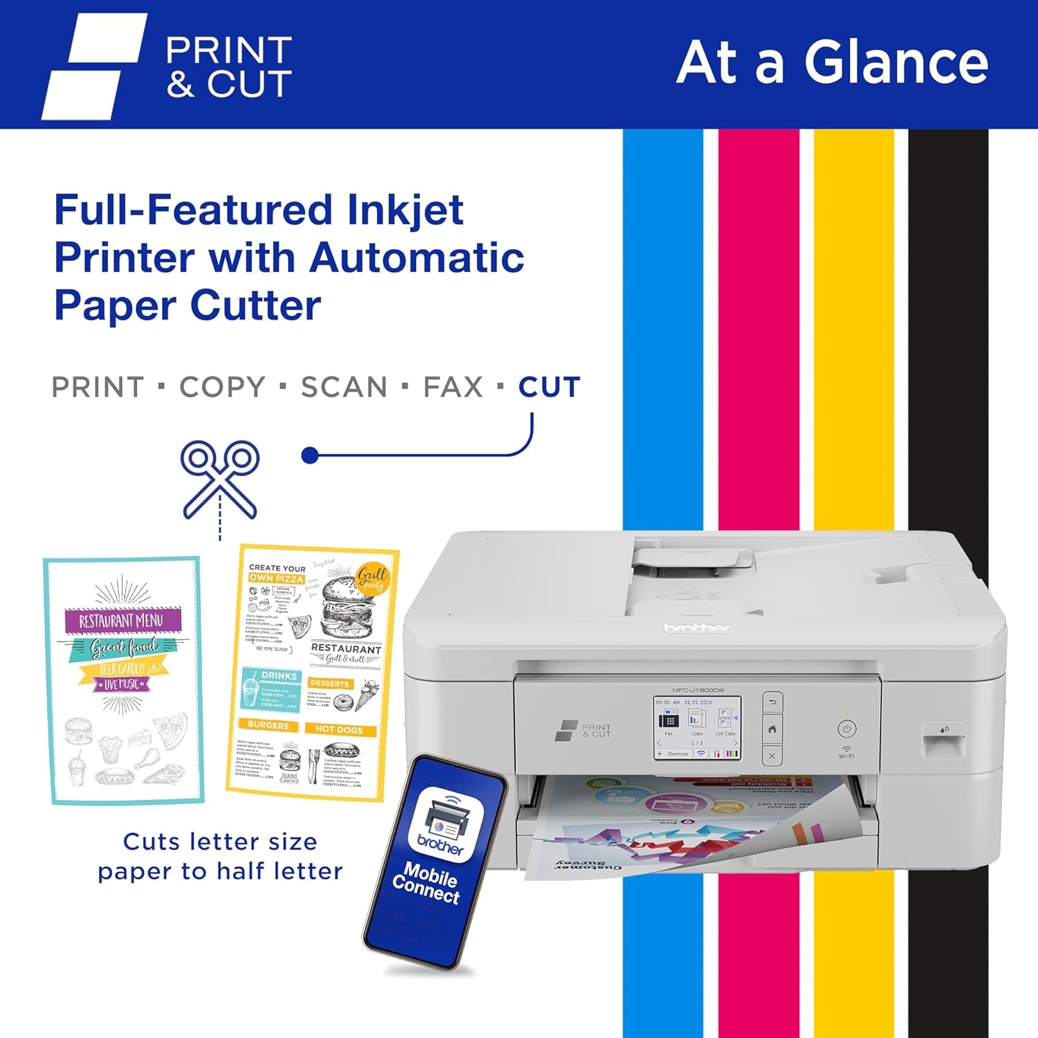 image:imageBrother Wireless AllinOne Color Inkjet Printer with Auto Paper Cutter Scanner Copier and Fax for Home Office Print and Cut Machine with Mobile Printing and 150Sheet Capacity J1800DW