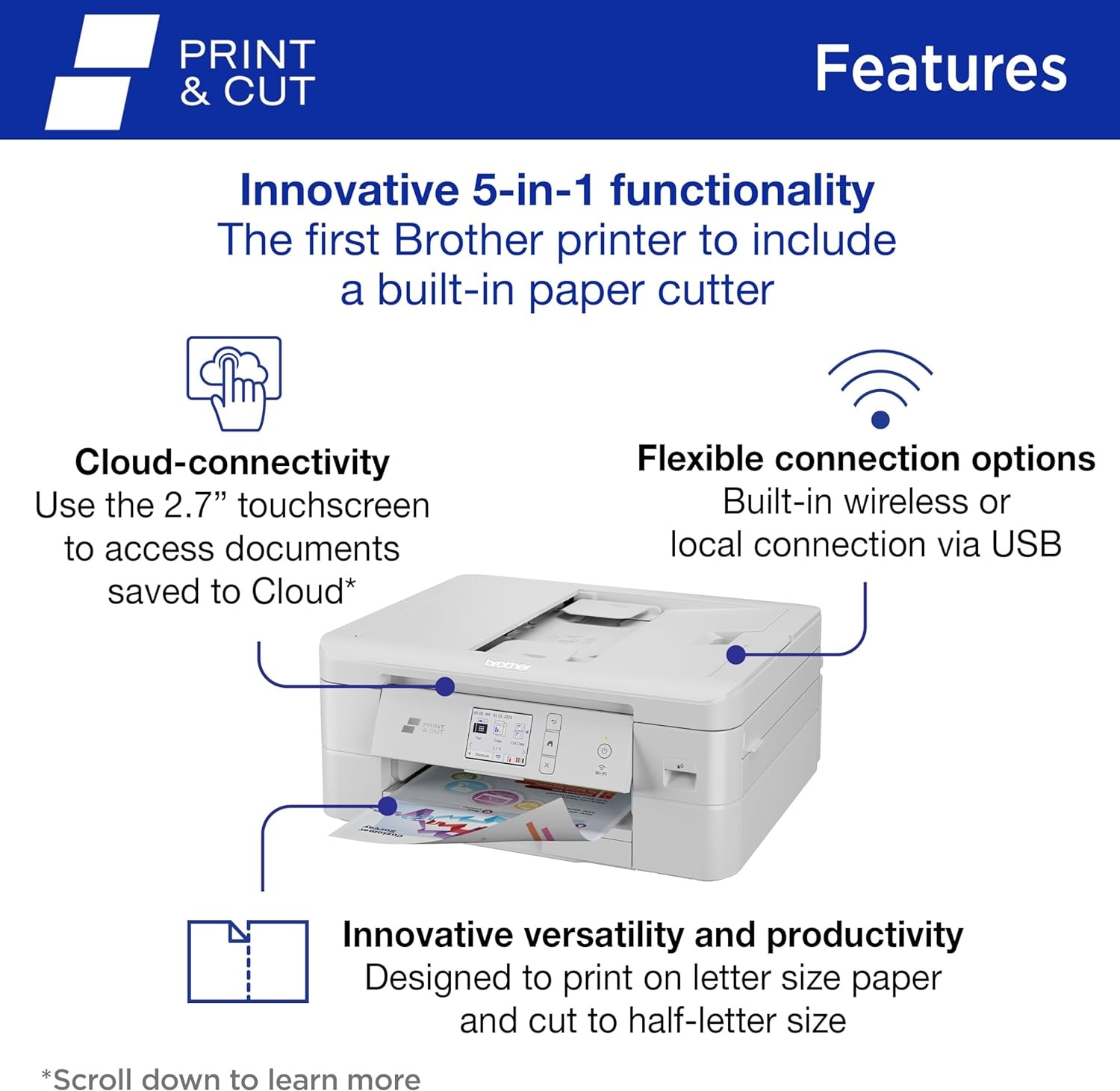 image:imageBrother Wireless AllinOne Color Inkjet Printer with Auto Paper Cutter Scanner Copier and Fax for Home Office Print and Cut Machine with Mobile Printing and 150Sheet Capacity J1800DW