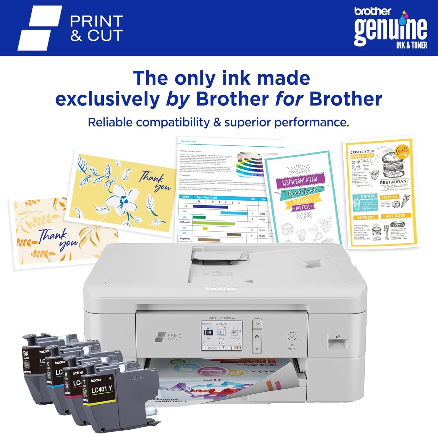 image:imageBrother Wireless AllinOne Color Inkjet Printer with Auto Paper Cutter Scanner Copier and Fax for Home Office Print and Cut Machine with Mobile Printing and 150Sheet Capacity J1800DW