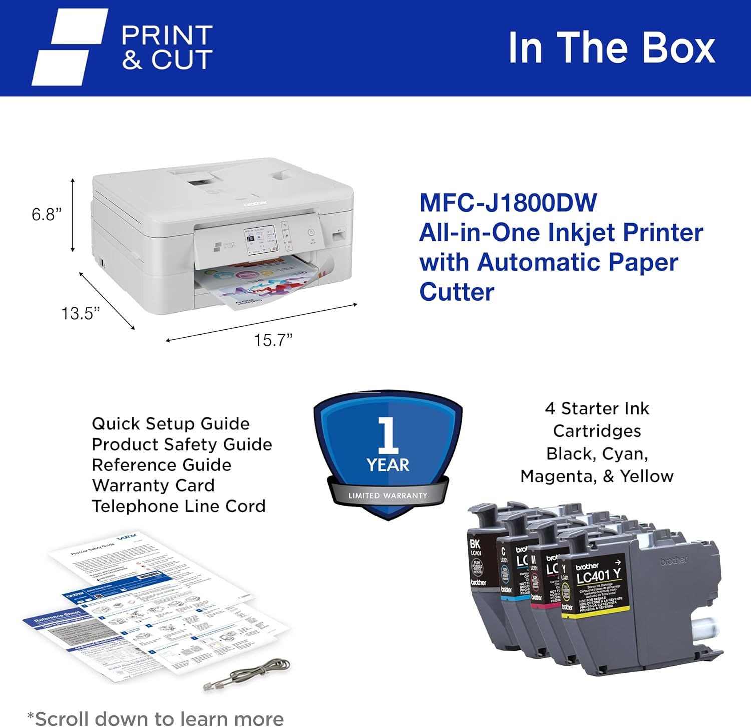 image:imageBrother Wireless AllinOne Color Inkjet Printer with Auto Paper Cutter Scanner Copier and Fax for Home Office Print and Cut Machine with Mobile Printing and 150Sheet Capacity J1800DW